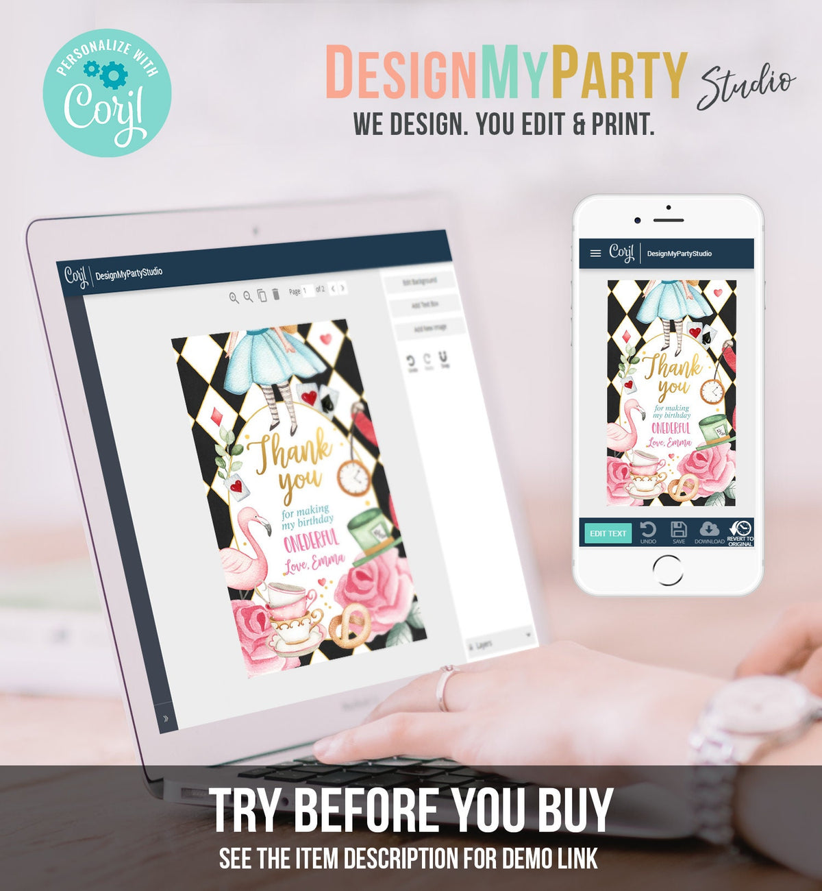 Editable Alice in Wonderland Favor Tags Alice in Onederland Thank You Tags Girl 1st Birthday Tea Party Gift Tag Digital Corjl Template 0350