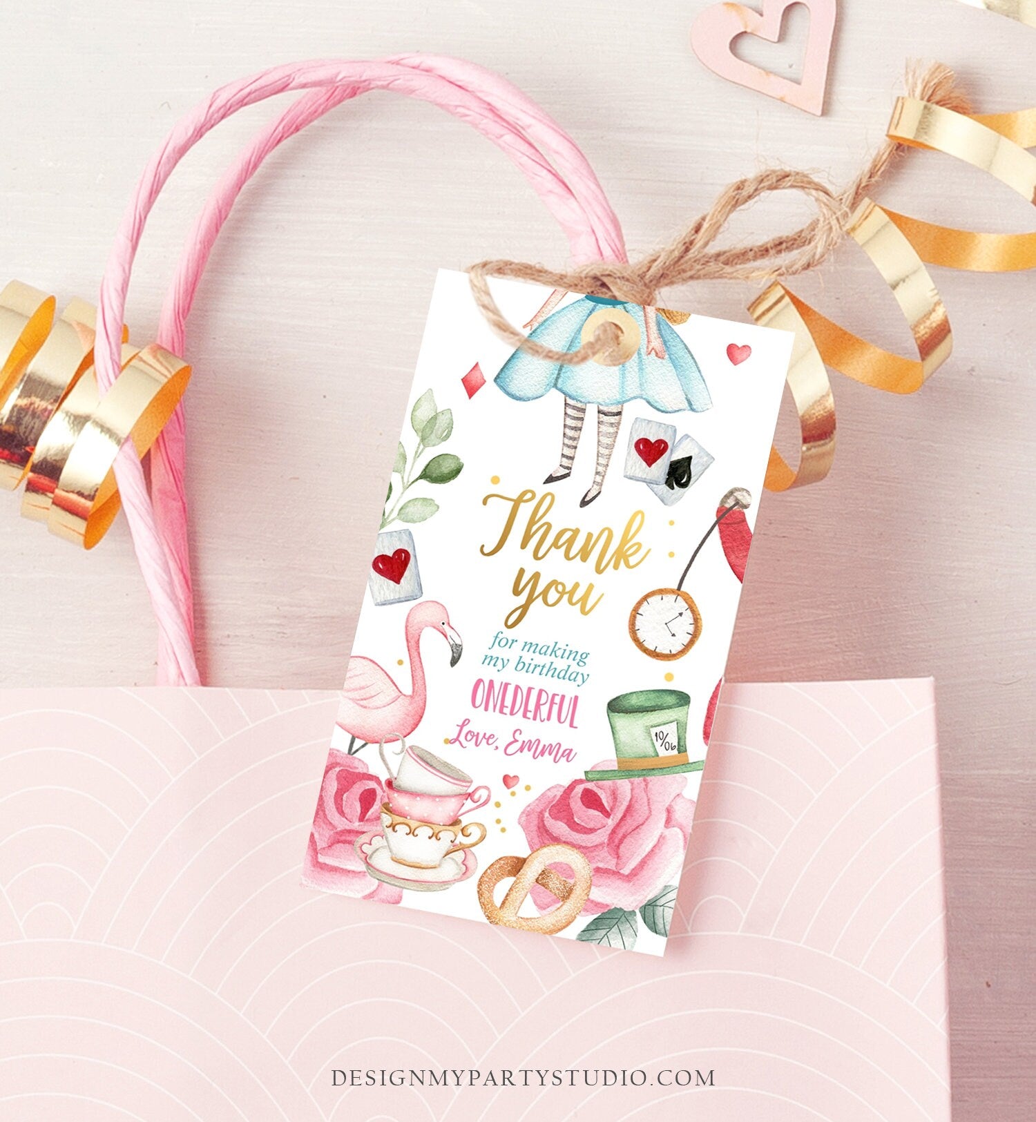 Editable Alice in Wonderland Favor Tags Alice in Onederland Thank You Tags Girl 1st Birthday Tea Party Gift Tag Digital Corjl Template 0350