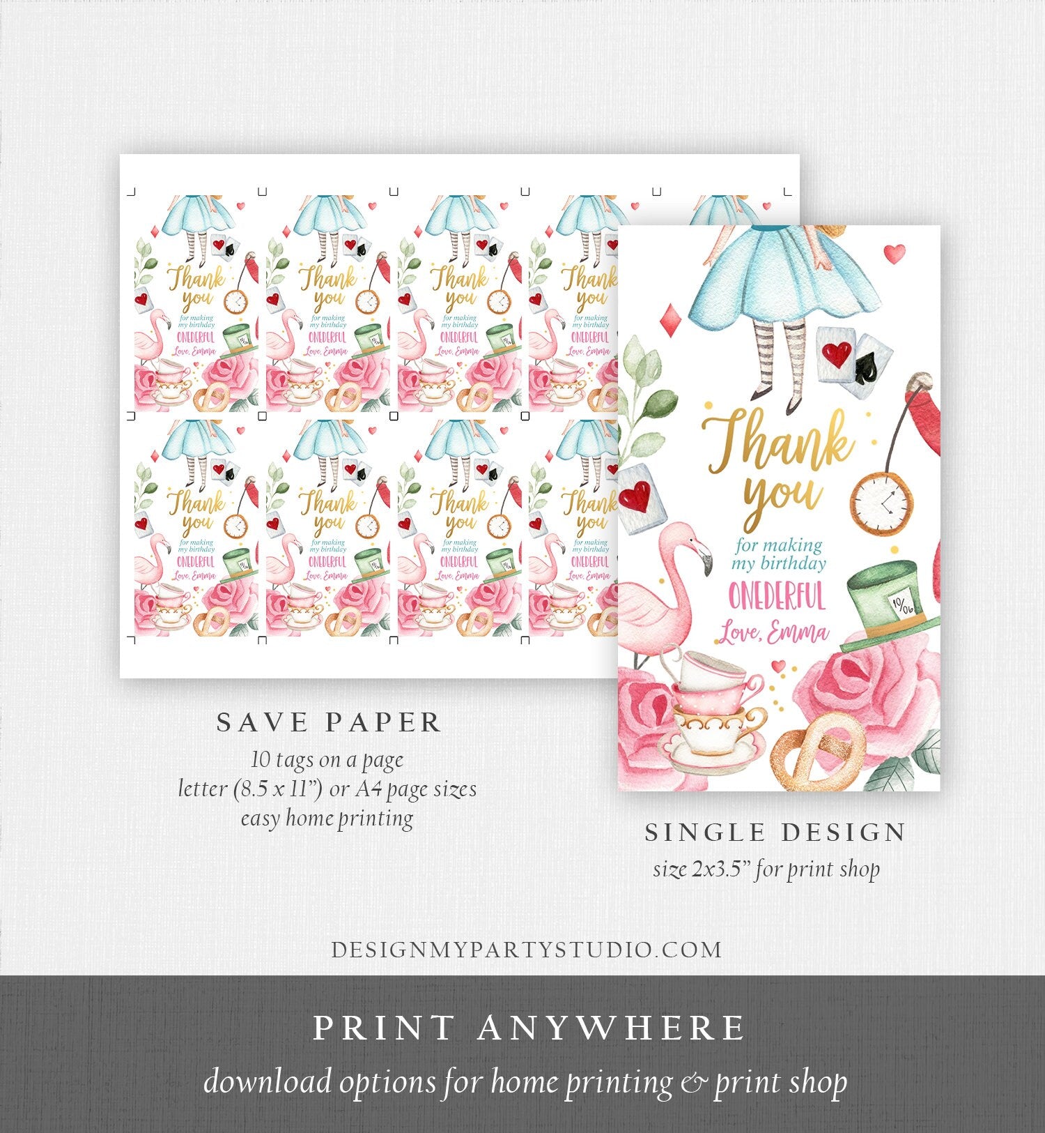 Editable Alice in Wonderland Favor Tags Alice in Onederland Thank You Tags Girl 1st Birthday Tea Party Gift Tag Digital Corjl Template 0350