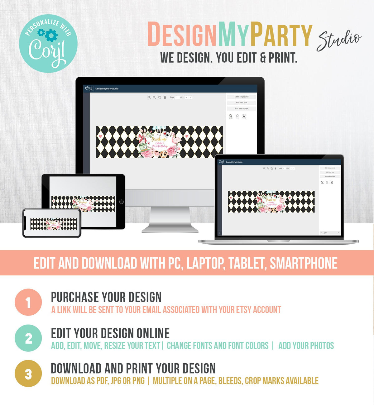 Editable Alice in Onederland Water Bottle Labels Alice Birthday Party Girl Pink Alice in Wonderland Download Printable Template Corjl 0350