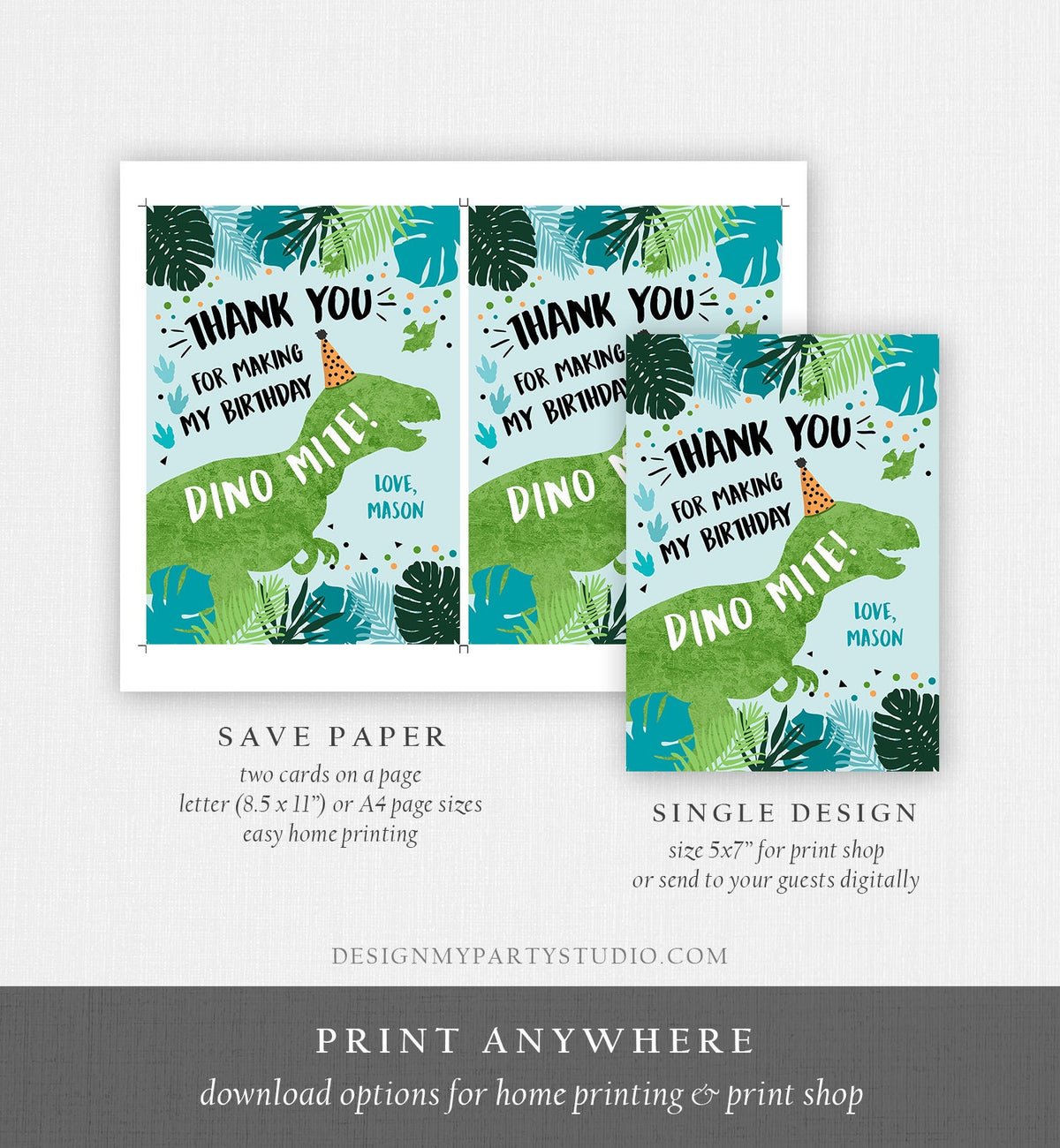 Editable Dinosaur Thank You Card Birthday Boy Black Green Gold Dino Party T-Rex Photo Download Printable Corjl Template Digital 0389