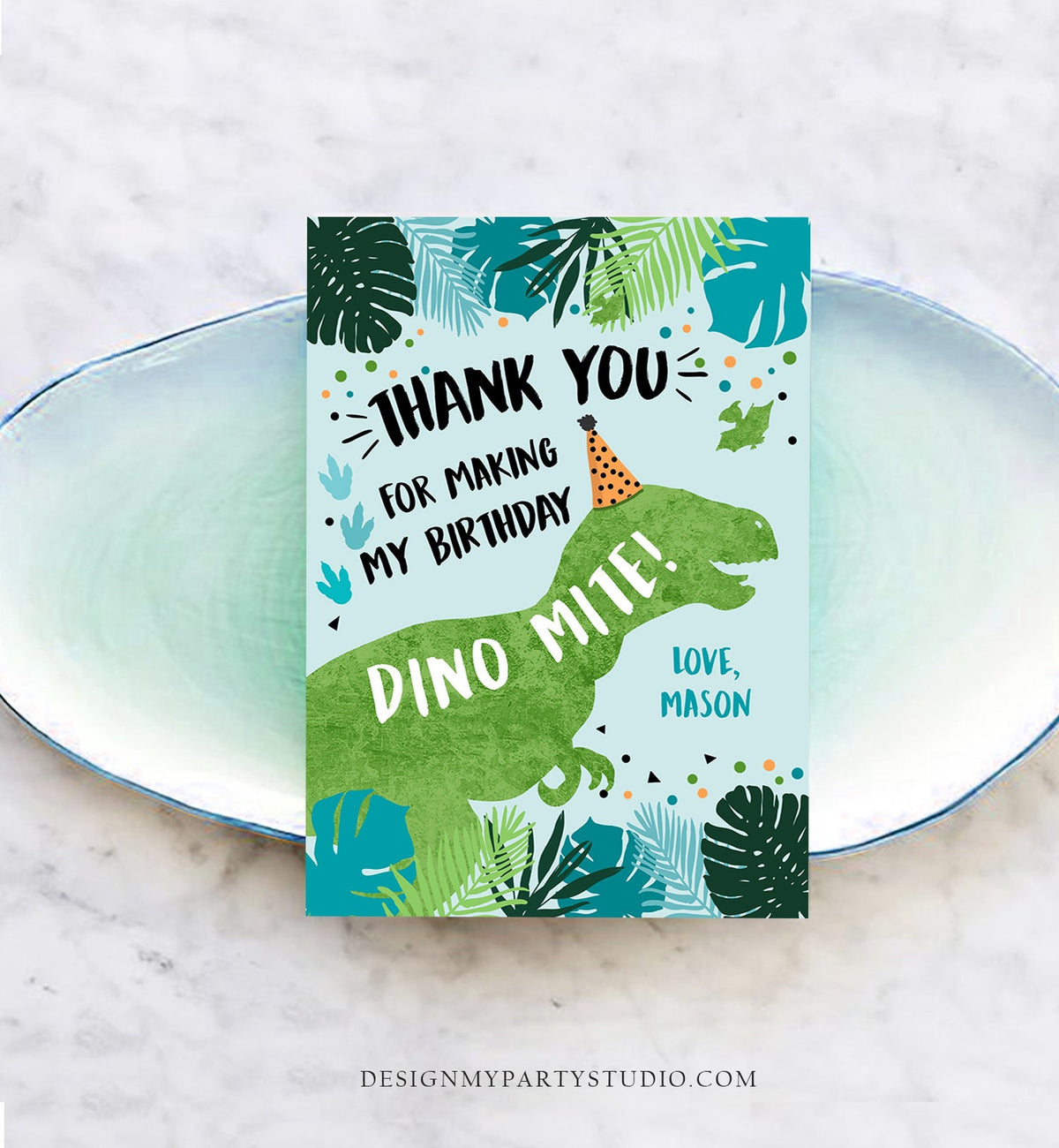 Editable Dinosaur Thank You Card Birthday Boy Black Green Gold Dino Party T-Rex Photo Download Printable Corjl Template Digital 0389