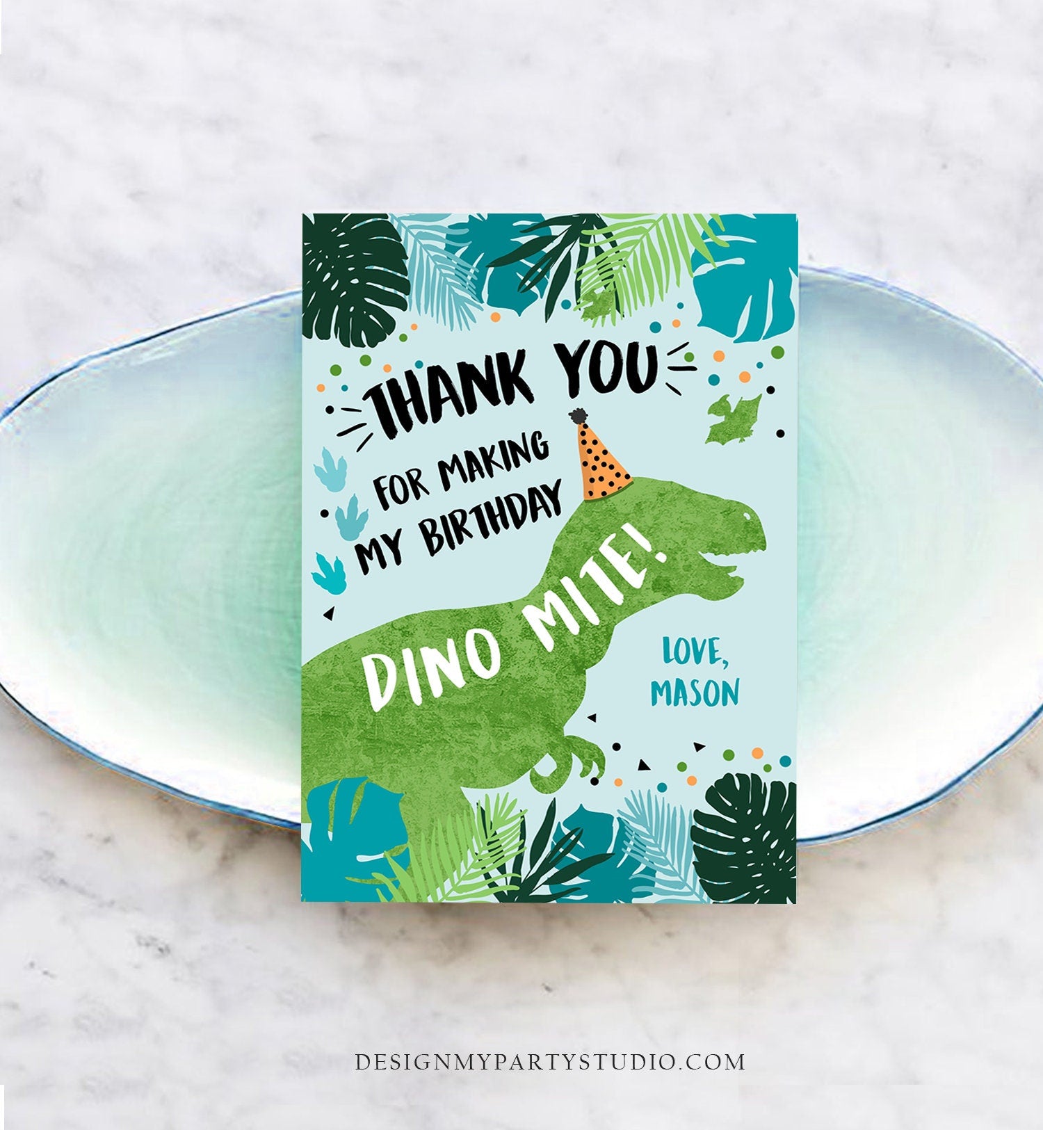 Editable Dinosaur Thank You Card Birthday Boy Black Green Gold Dino Party T-Rex Photo Download Printable Corjl Template Digital 0389