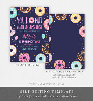 Editable Donut Want To Miss This Birthday Invitation Sweet Party Pink Gold Girl Doughnut Sweet One Download Corjl Template Printable 0343