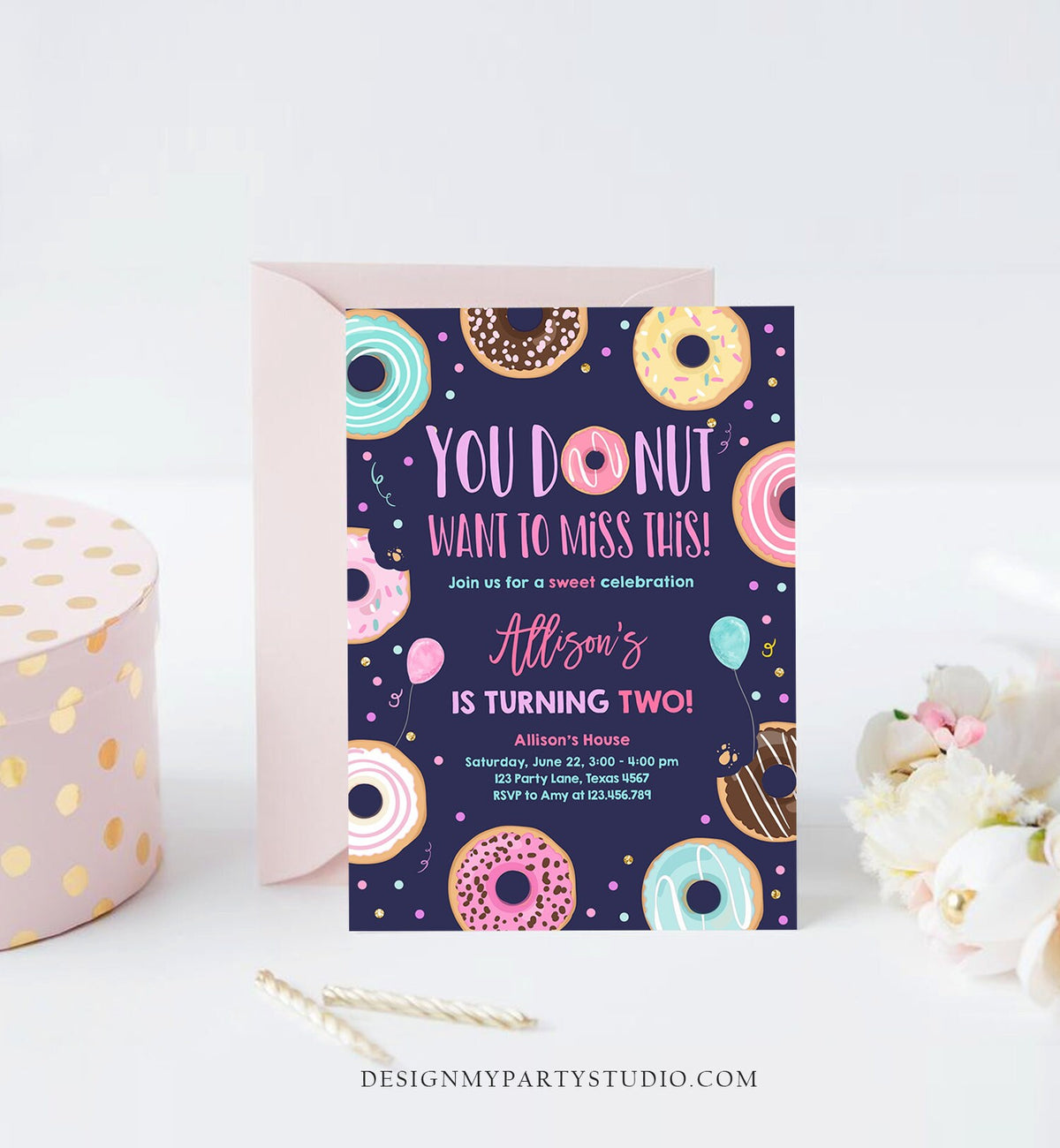Editable Donut Want To Miss This Birthday Invitation Sweet Party Pink Gold Girl Doughnut Sweet One Download Corjl Template Printable 0343