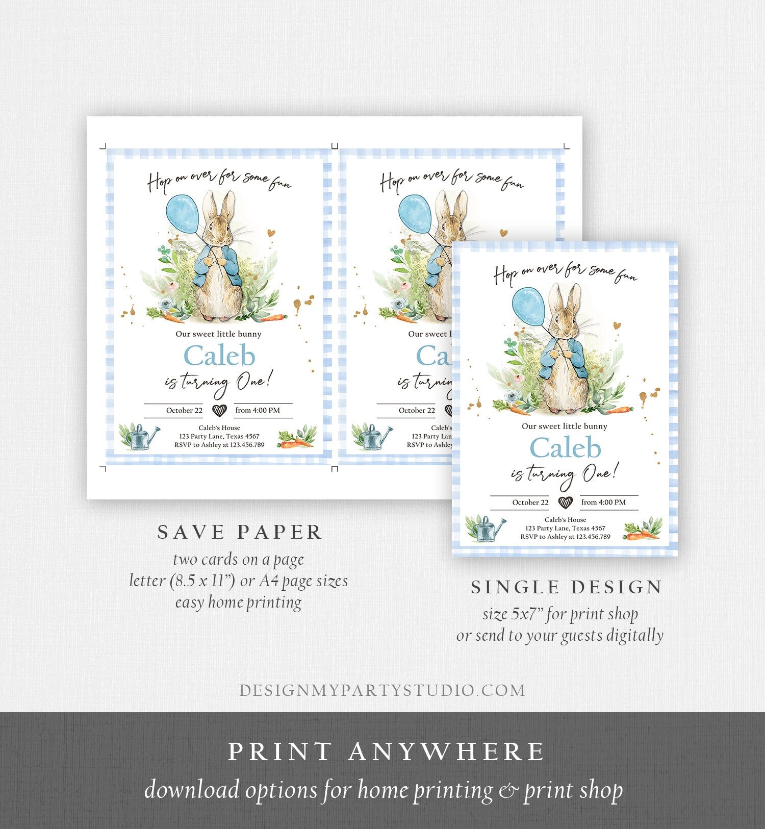 Editable Peter Rabbit Birthday Invitation Boy Blue Rustic Peter Rabbit First Birthday Hop On Over Watercolor Corjl Template Printable 0351