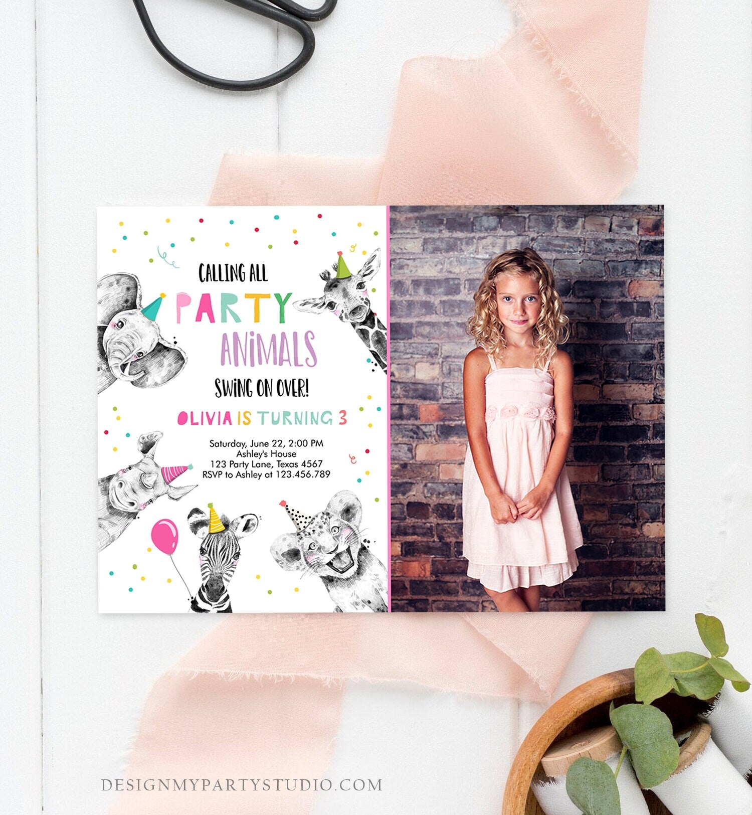 Editable Party Animals Birthday Invitation Wild One Animals Invitation Zoo Safari Animals Girl Download Printable Invite Template Corjl 0390