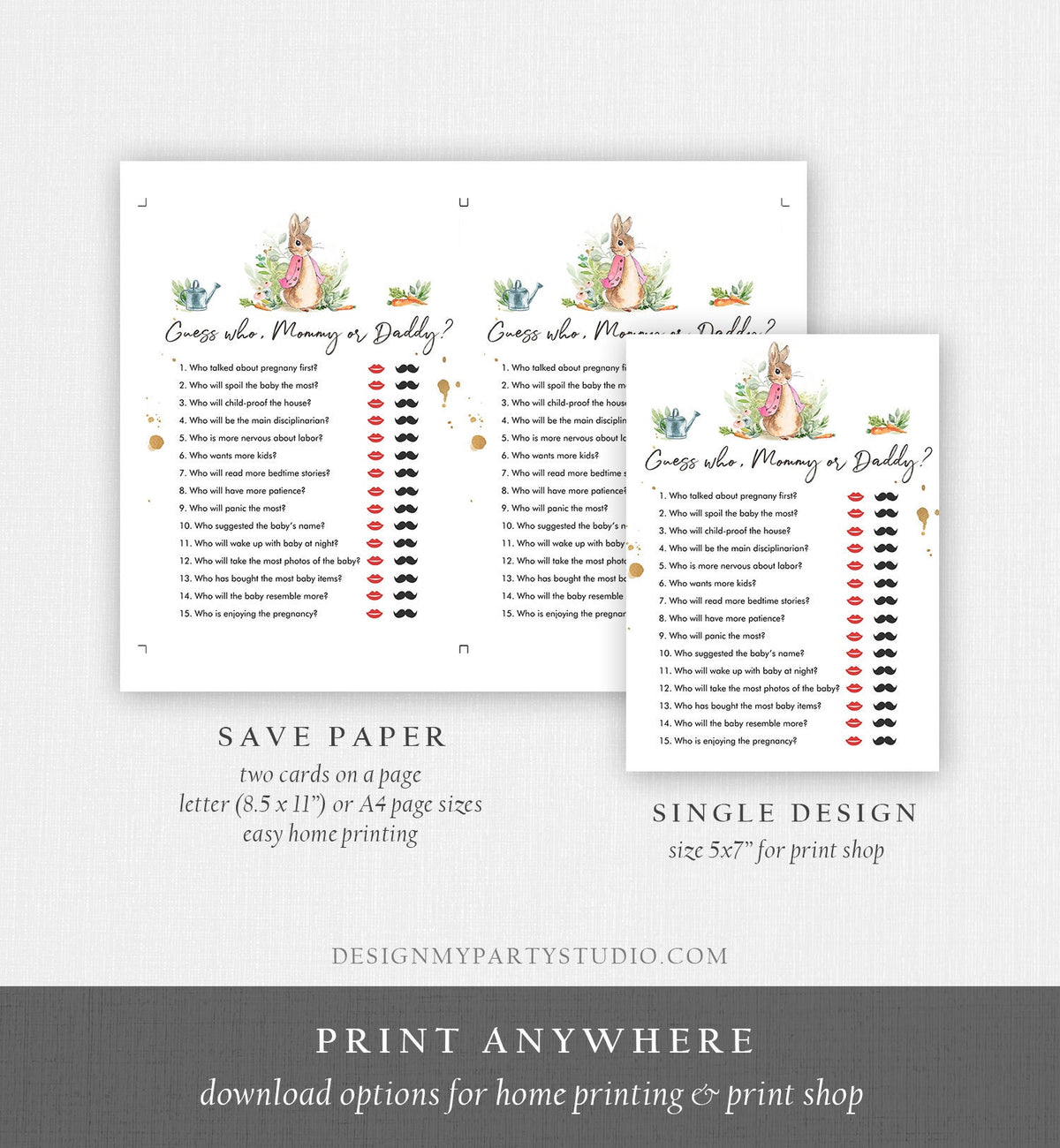 Editable Mommy or Daddy Baby Shower Game Guess Who Mom Dad Greenery Flopsy Bunny Baby Shower Bunny Girl Rustic Corjl Template Printable 0351