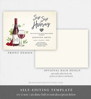 Editable Wine Bridal Shower Invitation Sip Sip Hooray Winery Cheers To Love Wine Tasting Couples Download Corjl Template Printable 0234
