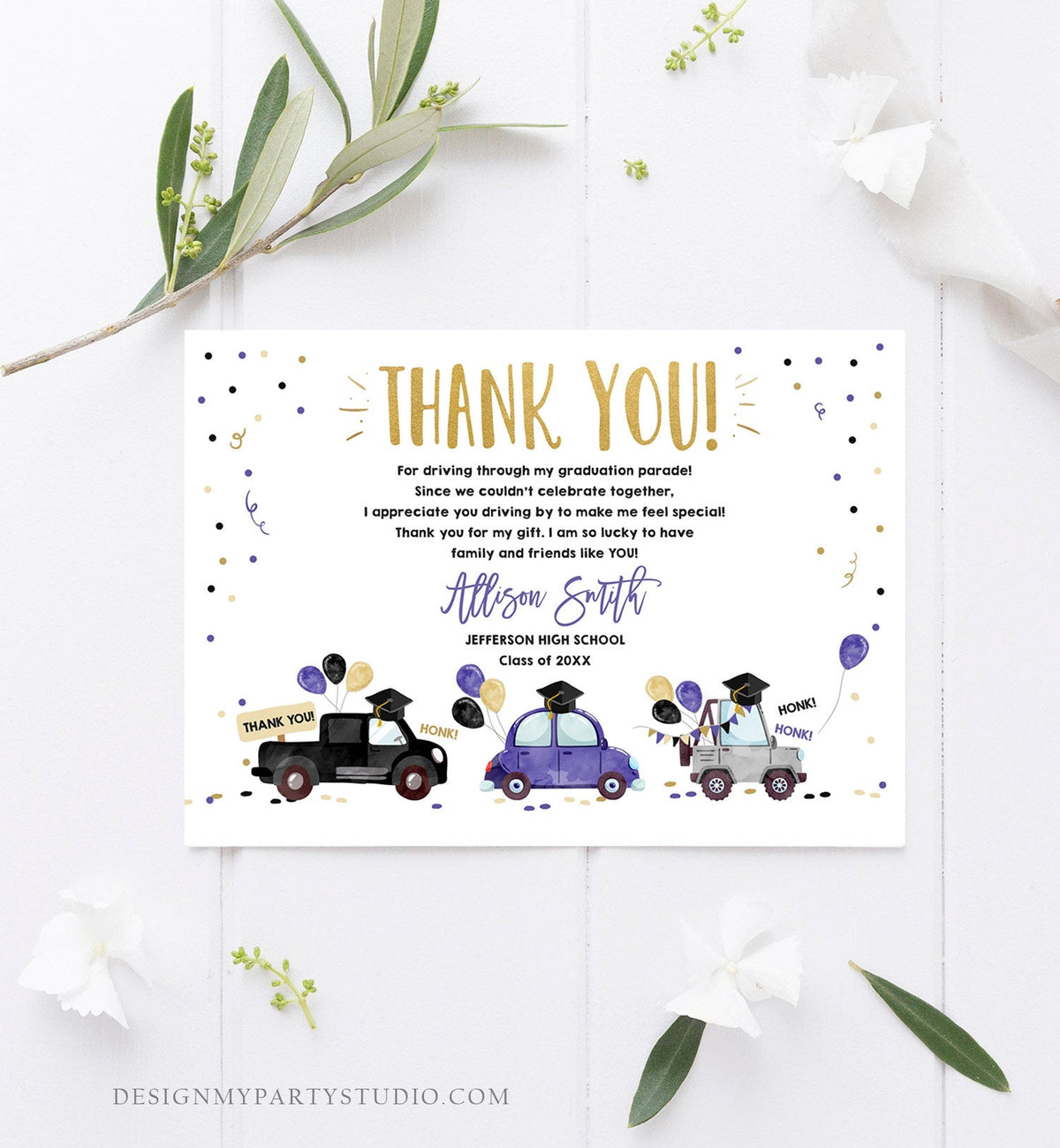 Editable Drive By Graduation Parade Thank You Card Drive Through Party Invite Honk Wave Car Purple Instant Download Digital Corjl 0337