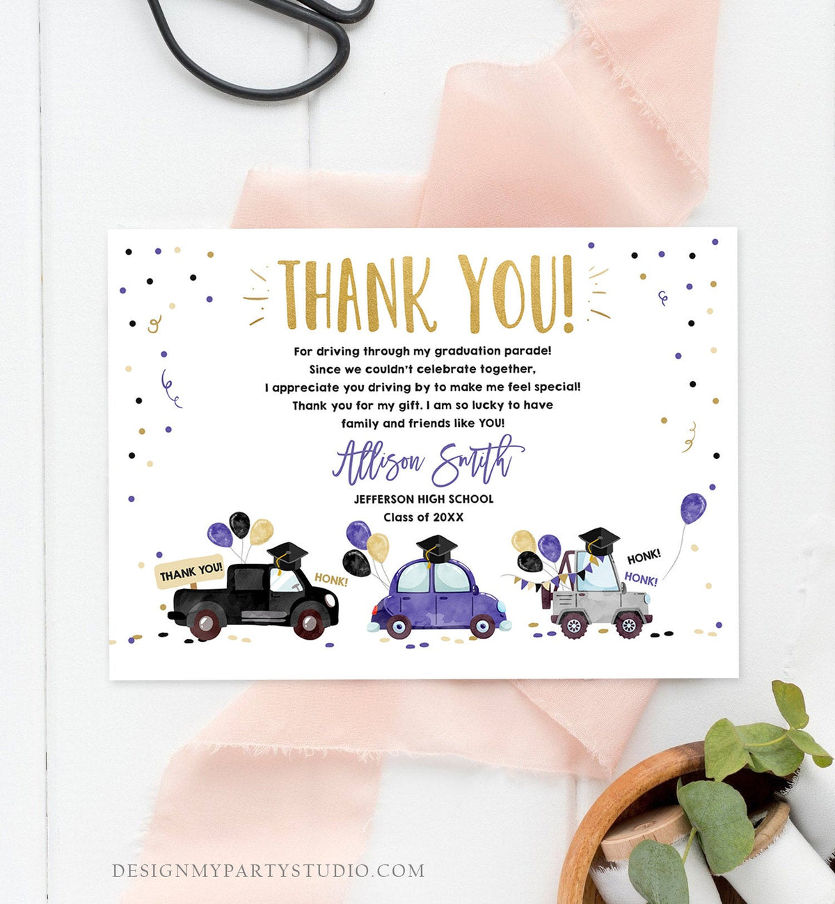 Editable Drive By Graduation Parade Thank You Card Drive Through Party Invite Honk Wave Car Purple Instant Download Digital Corjl 0337