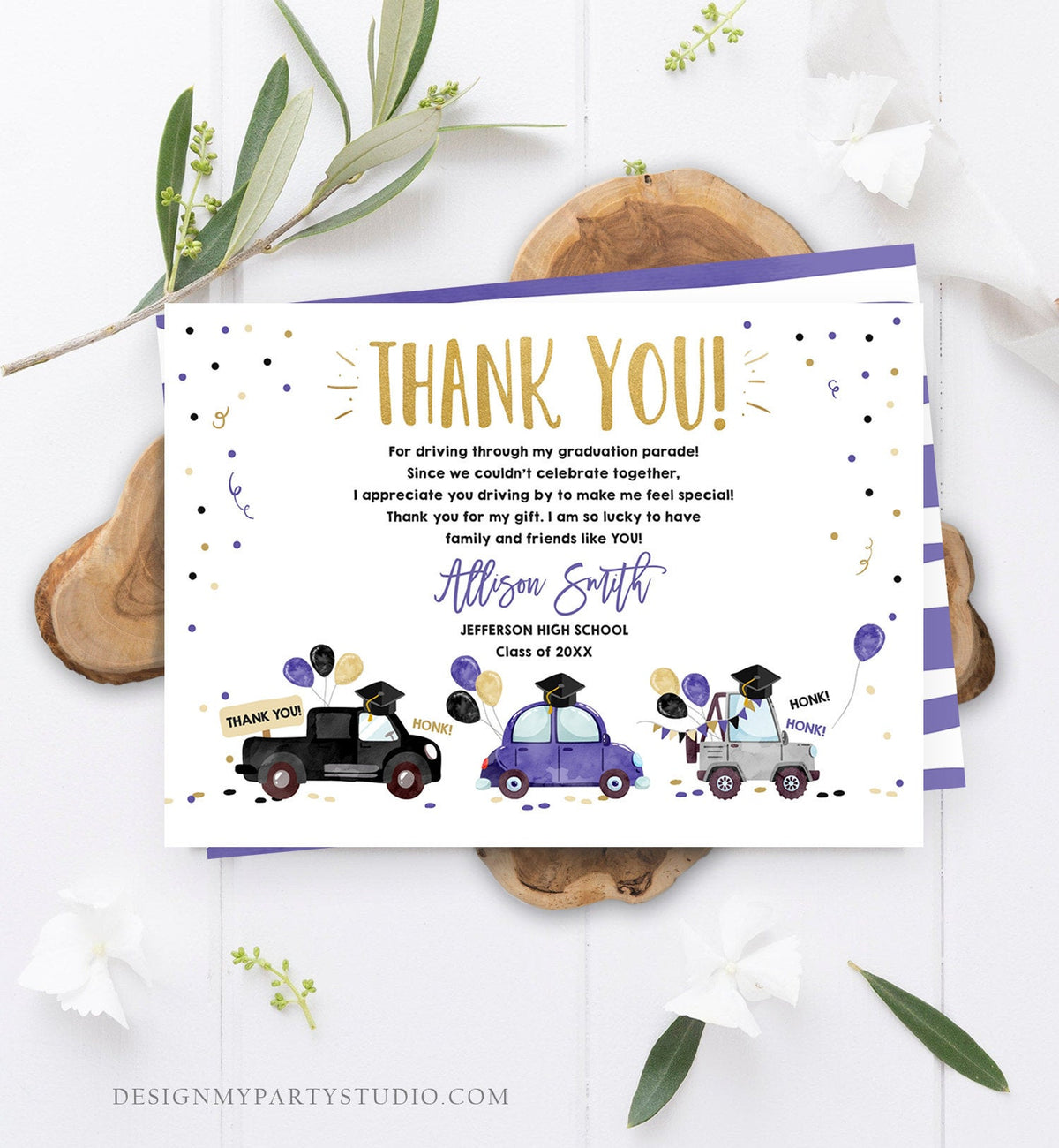 Editable Drive By Graduation Parade Thank You Card Drive Through Party Invite Honk Wave Car Purple Instant Download Digital Corjl 0337
