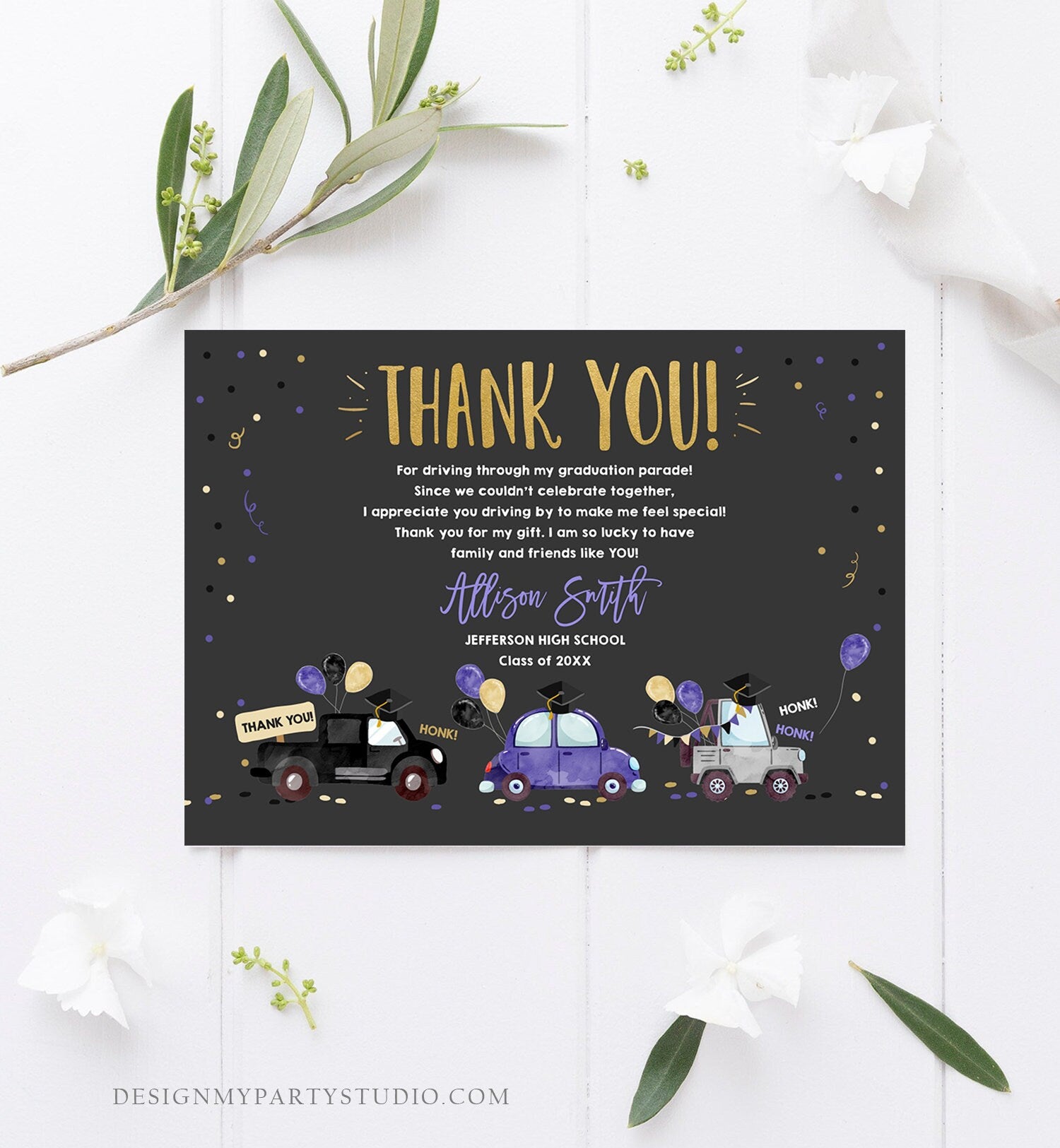 Editable Drive By Graduation Parade Thank You Card Drive Through Party Invite Honk Wave Car Purple Instant Download Digital Corjl 0337