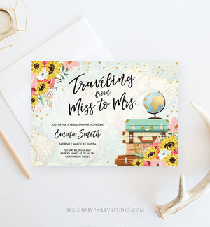 Editable Miss to Mrs Travel Bridal Shower Invitation Sunflowers Globe Suitcase Gold Confetti Traveling Blush Pink Floral Corjl Template 0030