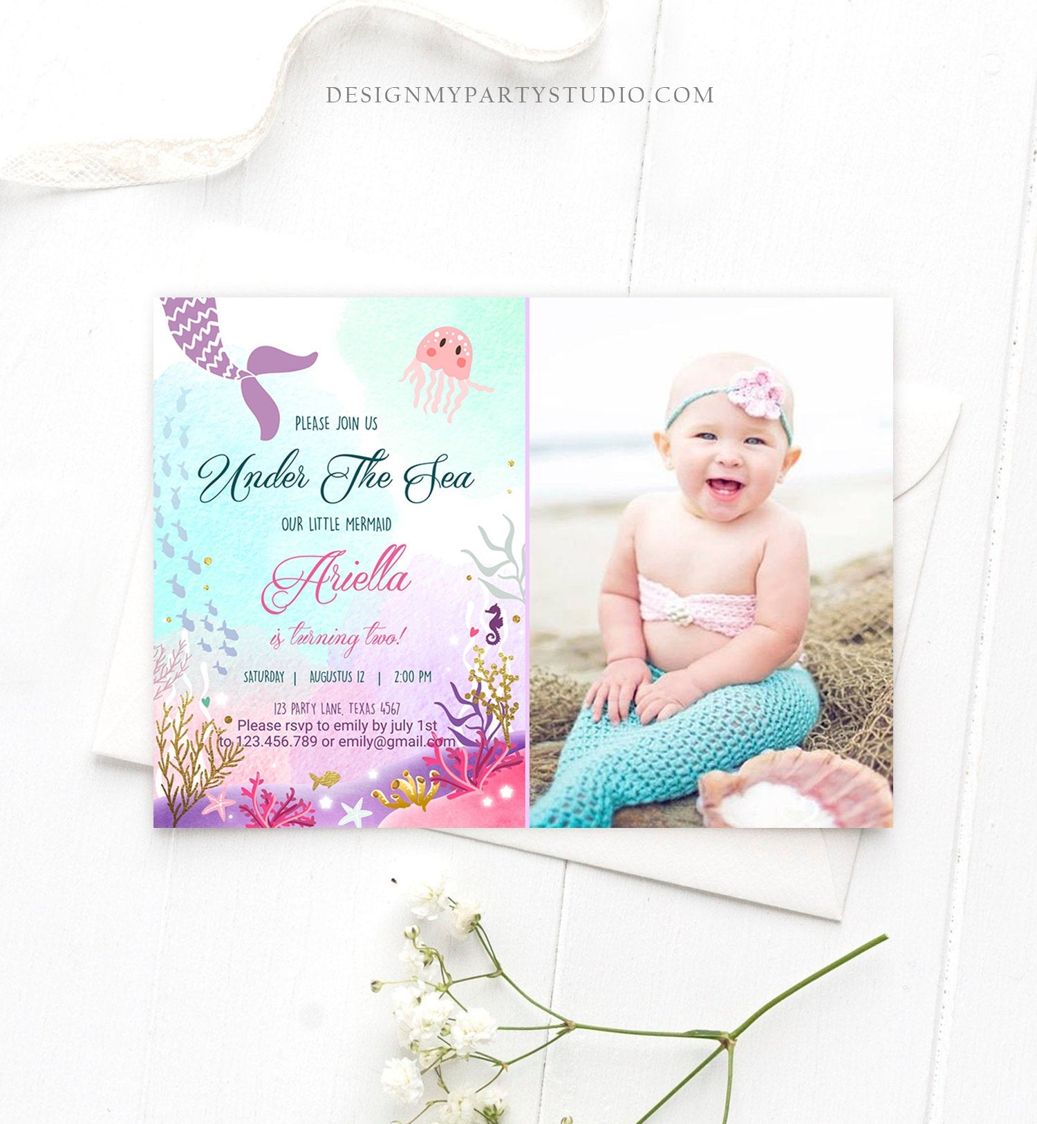 Editable Mermaid Birthday Invitation Under The Sea Birthday Girl Pink Purple Gold Mermaid Tail Download Printable Template Corjl 0076