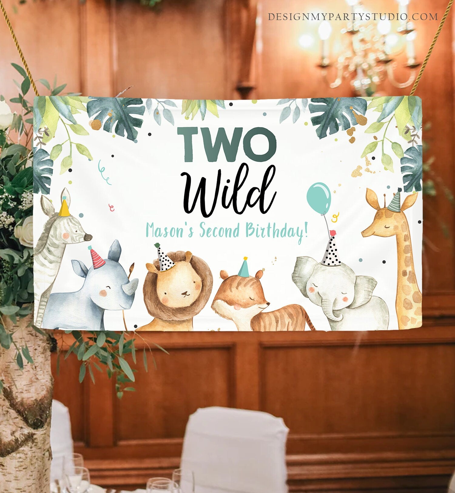 Editable Two Wild Safari Animals Birthday Backdrop Banner Party Animals Boy Second Birthday 2nd Welcome Sign Corjl Template Printable 0163