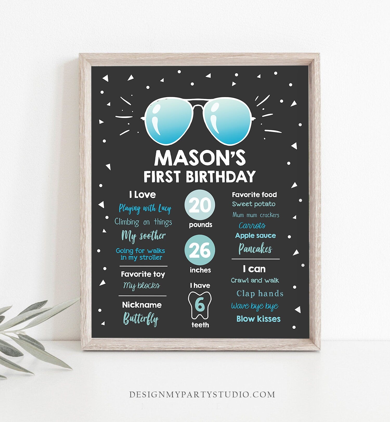 Editable Sunglasses Two Cool Birthday Milestones Sign Chalkboard Boy 1st First Birthday Second Palm Pilot Corjl Template Printable 0136