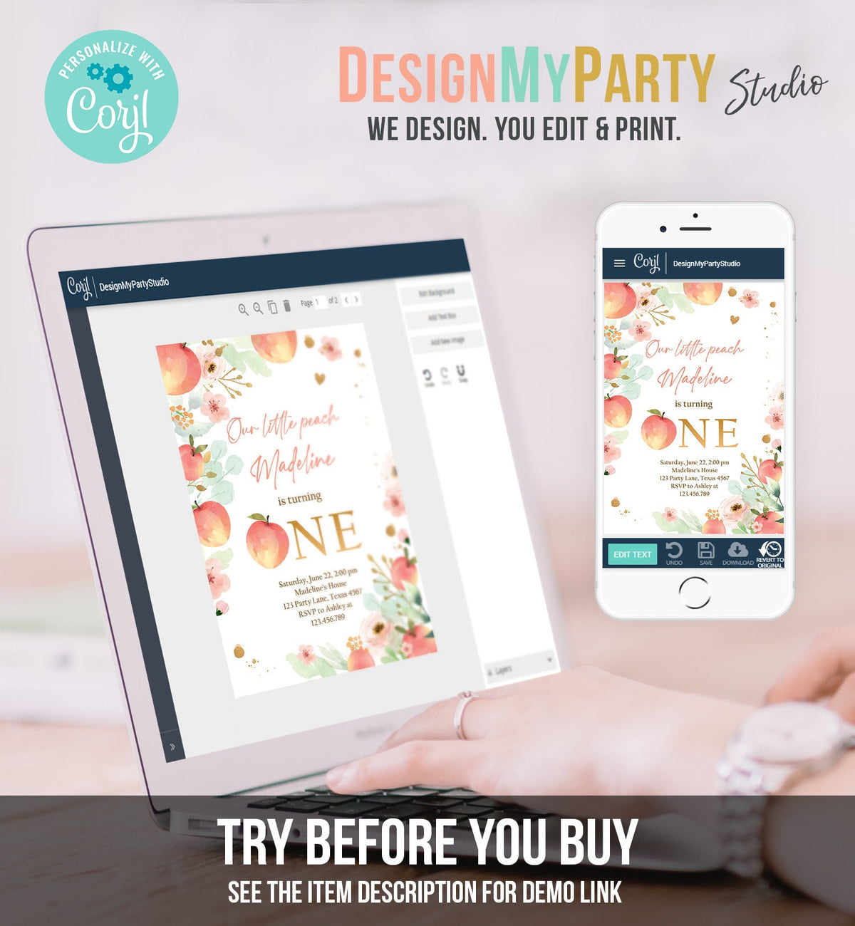 Editable Little Peach Birthday Invitation First Birthday Floral Gold Girl Peach 1st Peaches Download Printable Template Corjl Digital 0401