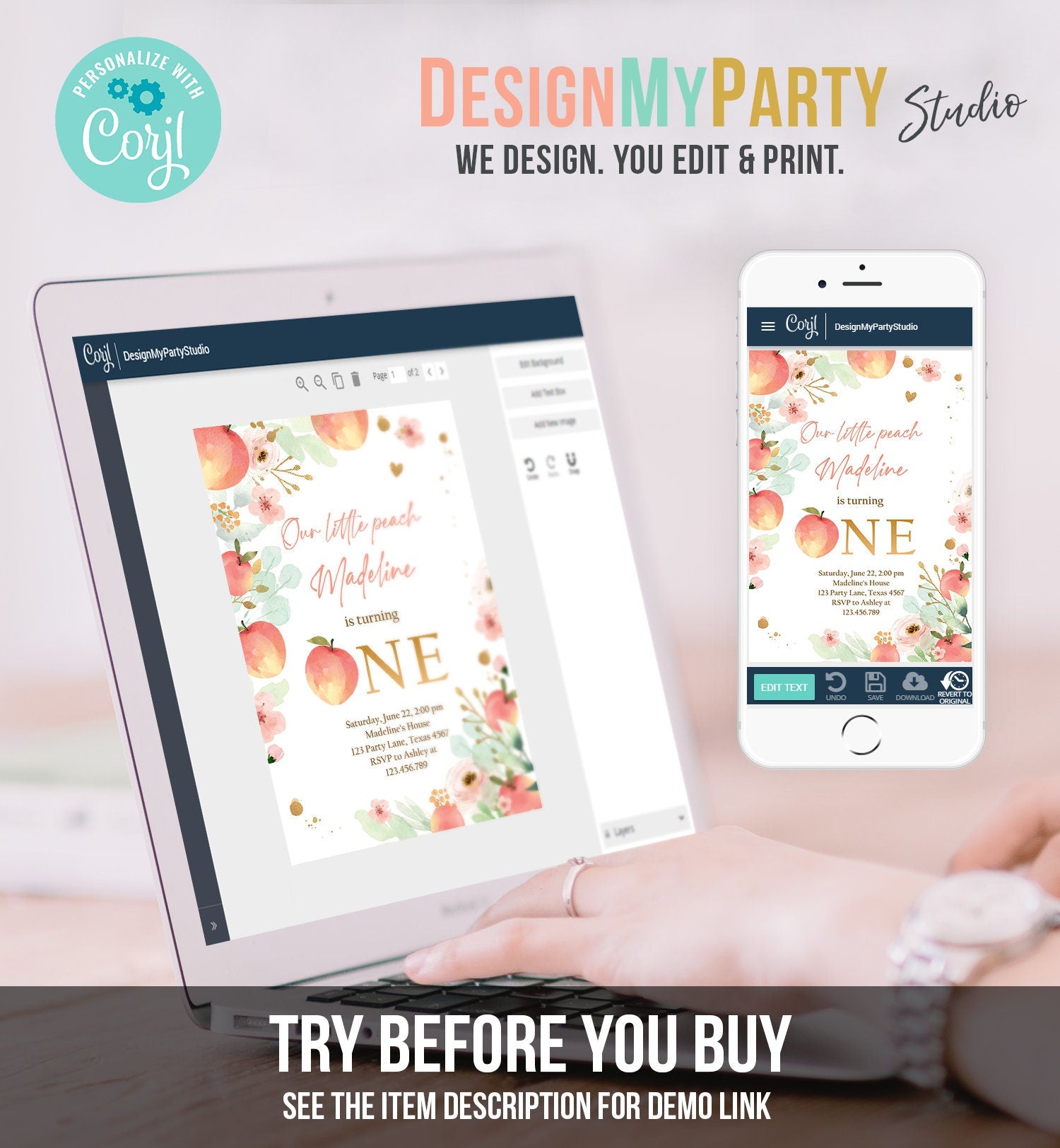 Editable Little Peach Birthday Invitation First Birthday Floral Gold Girl Peach 1st Peaches Download Printable Template Corjl Digital 0401