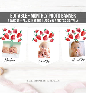 Editable Strawberry First Birthday Monthly Photo Banner Strawberry Birthday Farmers Market Fruit Corjl Download Template Printable 0399