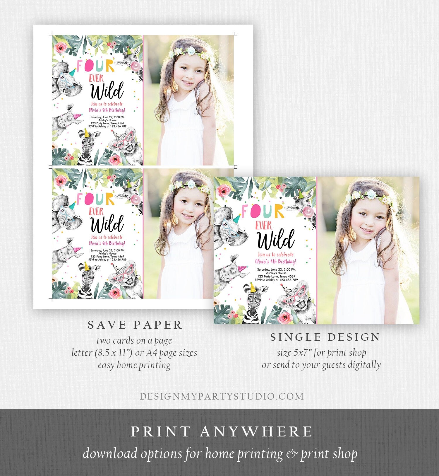 Editable Four Ever Wild Invitation Girl Pink and Gold Safari Animals Zoo Instant 4th Fourever Download Printable Template Digital Corjl 0322