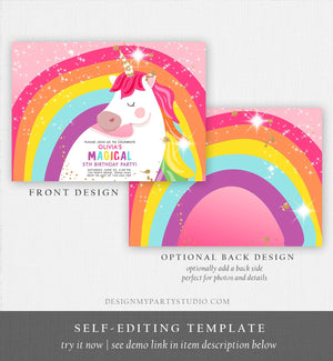 Editable Unicorn Birthday Invitation Magical Unicorn Party Girl Pink Gold Unicorn Invite Rainbow Printable Corjl Template Digital 0323