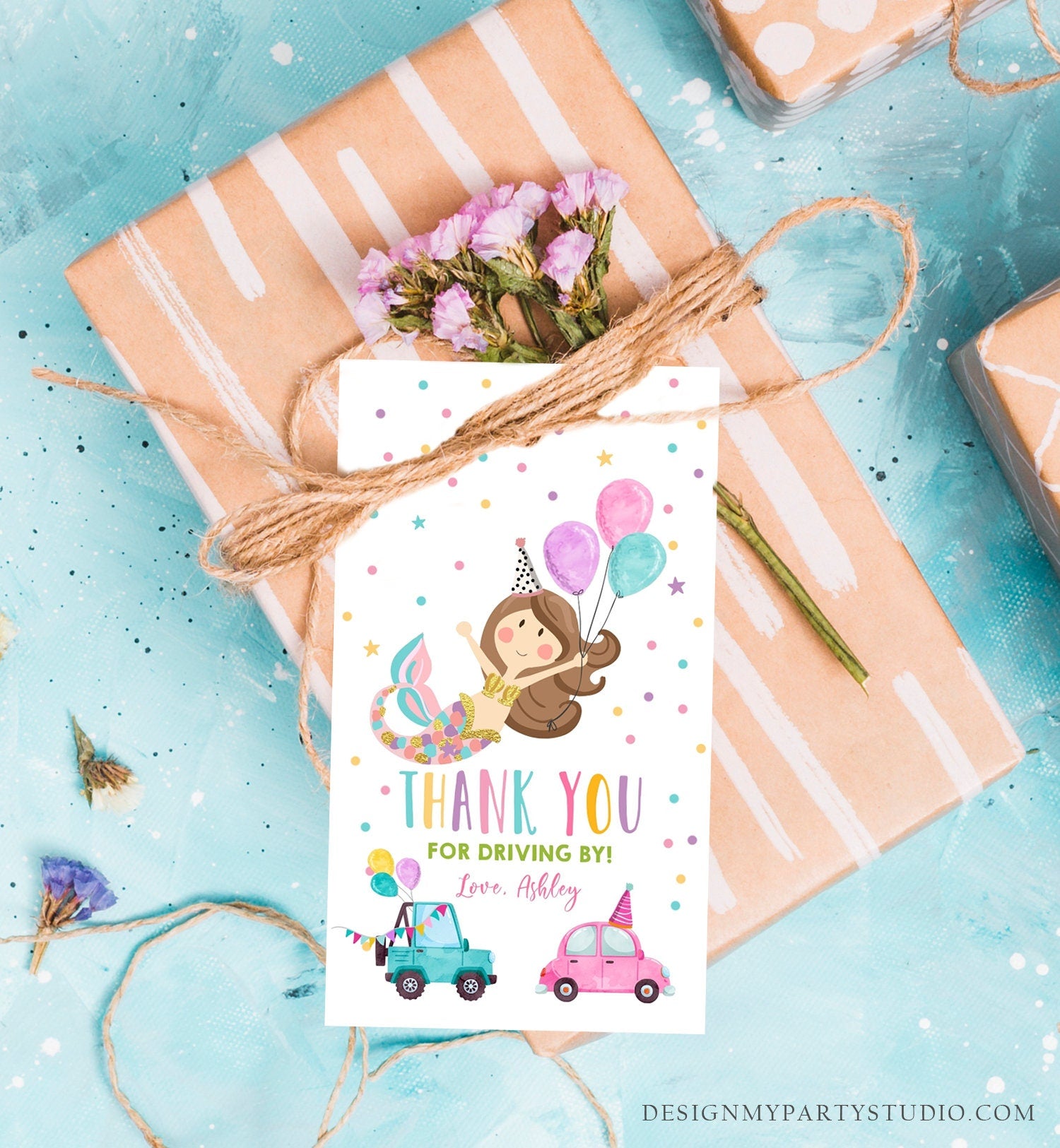 Editable Mermaid Favor Tag Drive By Birthday Favors Party Parade Under the Sea Thank You Gift Tags Pink Girl Corjl Template Printable 0338