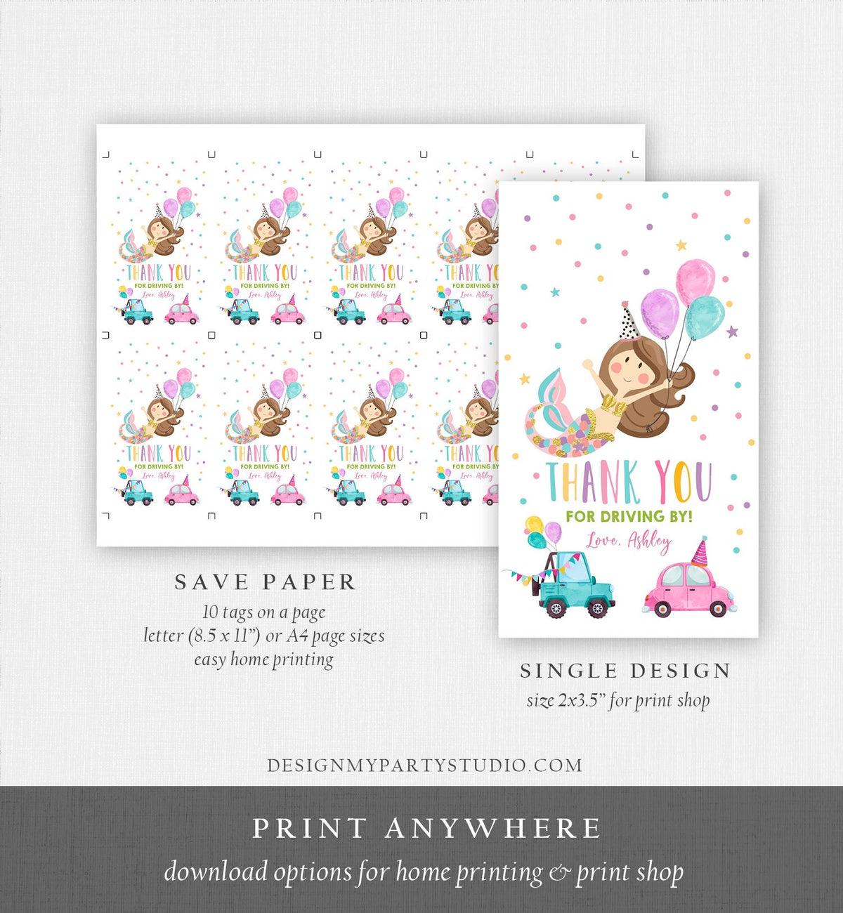 Editable Mermaid Favor Tag Drive By Birthday Favors Party Parade Under the Sea Thank You Gift Tags Pink Girl Corjl Template Printable 0338