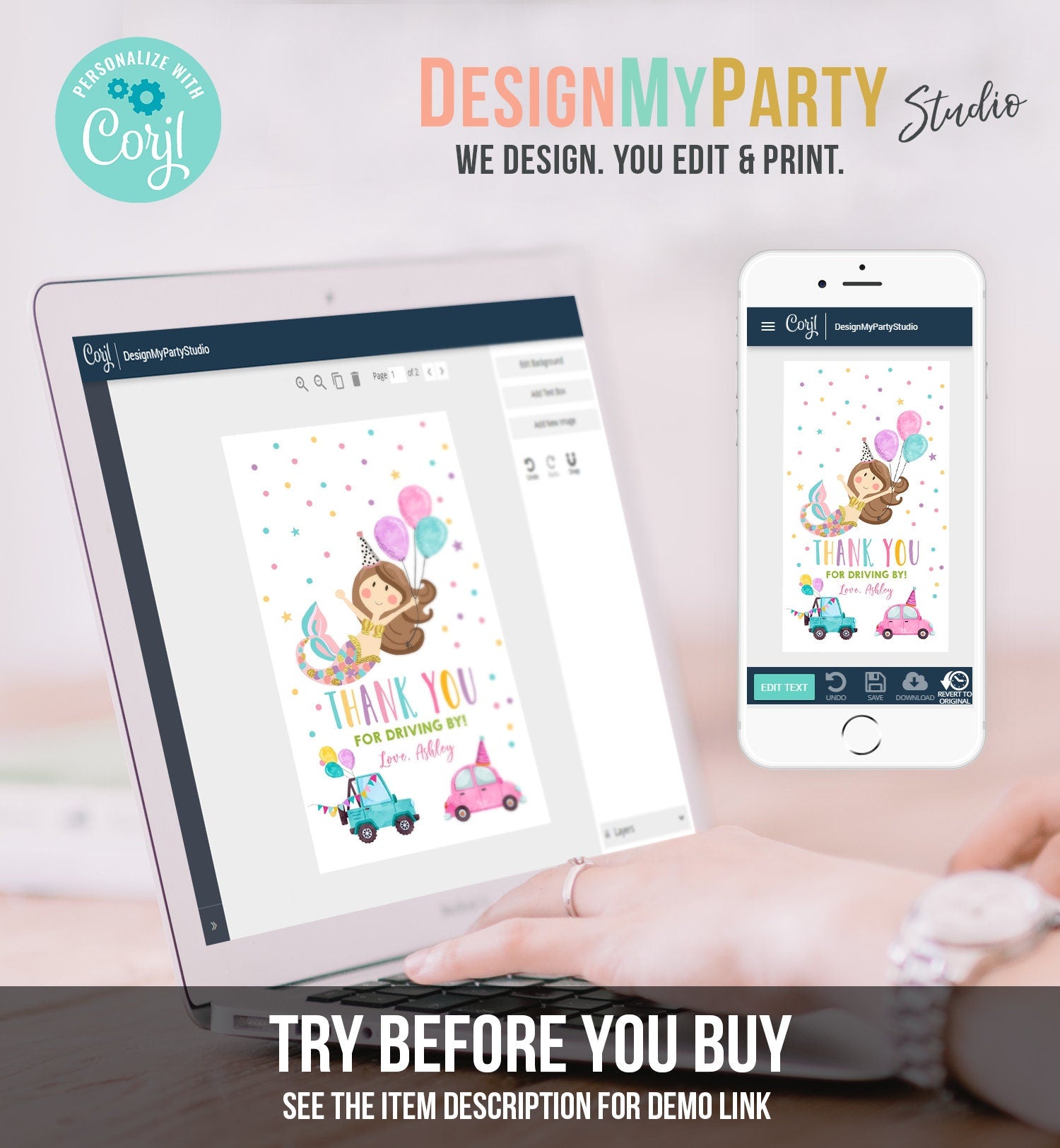 Editable Mermaid Favor Tag Drive By Birthday Favors Party Parade Under the Sea Thank You Gift Tags Pink Girl Corjl Template Printable 0338