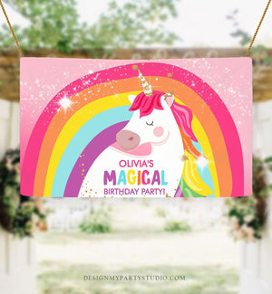 Editable Unicorn Backdrop Banner Pink Unicorn Birthday Girl Magical Unicorn Party Decorations Rainbow Download Corjl Template Printable 0323