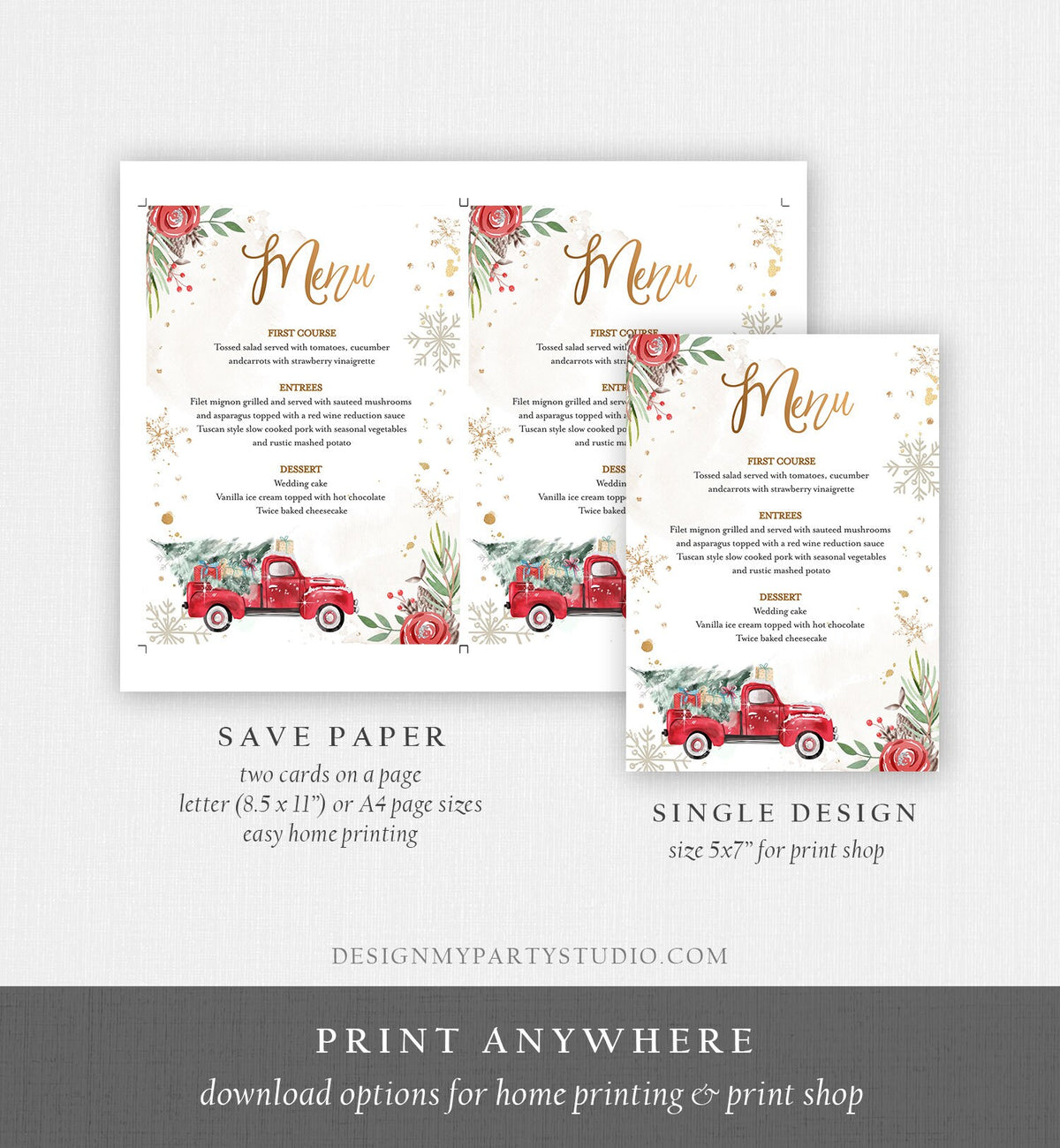 Editable Winter Red Truck Menu Card Shower Birthday Party Menu Gold Snowflakes Christmas Tree Oh What Fun Corjl Template Printable 0356
