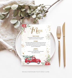 Editable Winter Red Truck Menu Card Shower Birthday Party Menu Gold Snowflakes Christmas Tree Oh What Fun Corjl Template Printable 0356