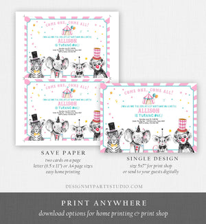 Editable Circus Birthday Invitation Girl Pink Circus Animals Invitation Carnival Invite Download Printable Template Digital Corjl 0355