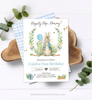 Editable Peter Rabbit Birthday Invitation Boy Blue Rustic Peter Rabbit 1st Birthday Invite Watercolor Digital Corjl Template Printable 0351
