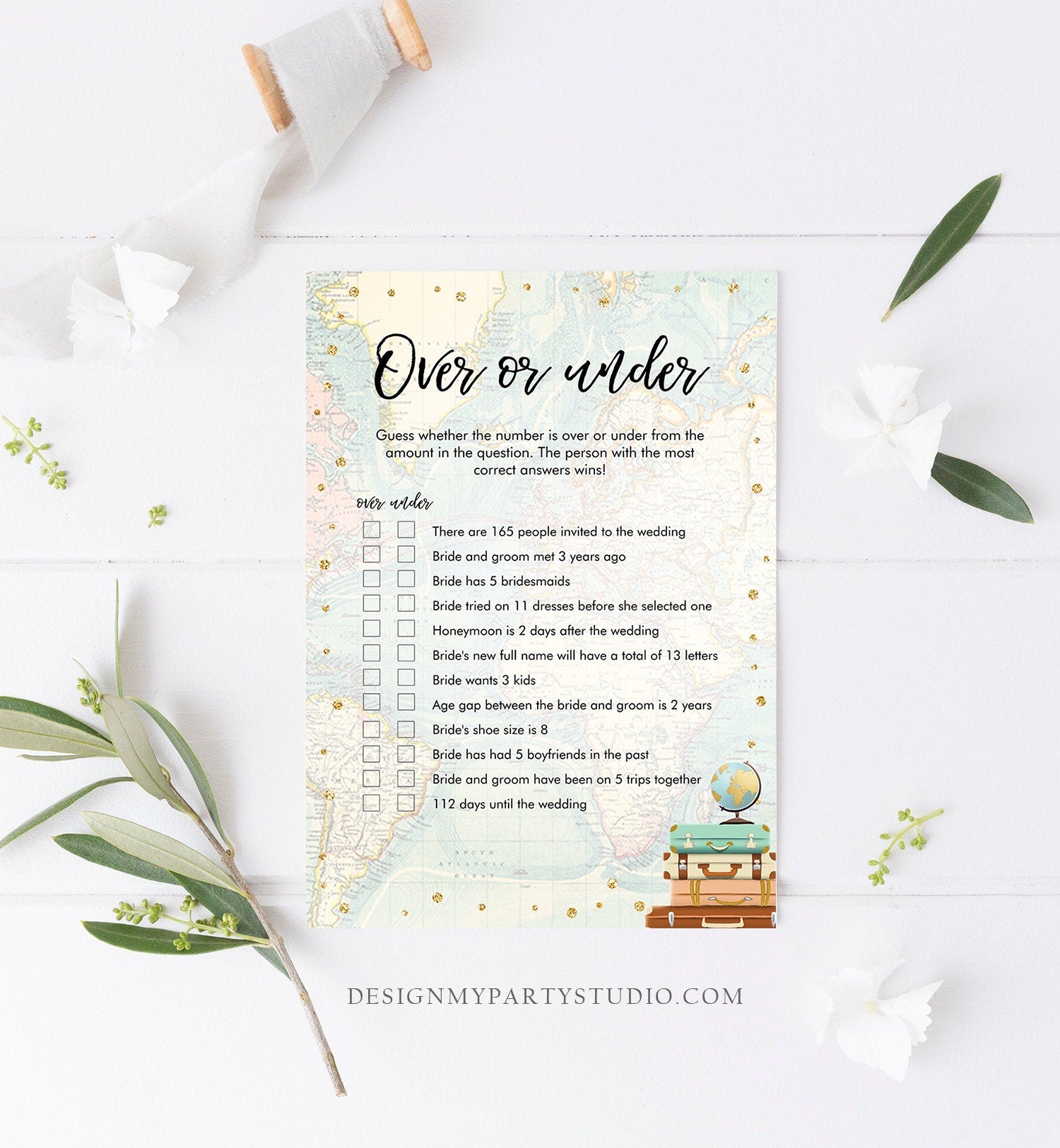 Editable Over or Under Bridal Shower Game Travel More or Less Guess Wedding Shower Activity Vintage Map Party Corjl Template Printable 0263