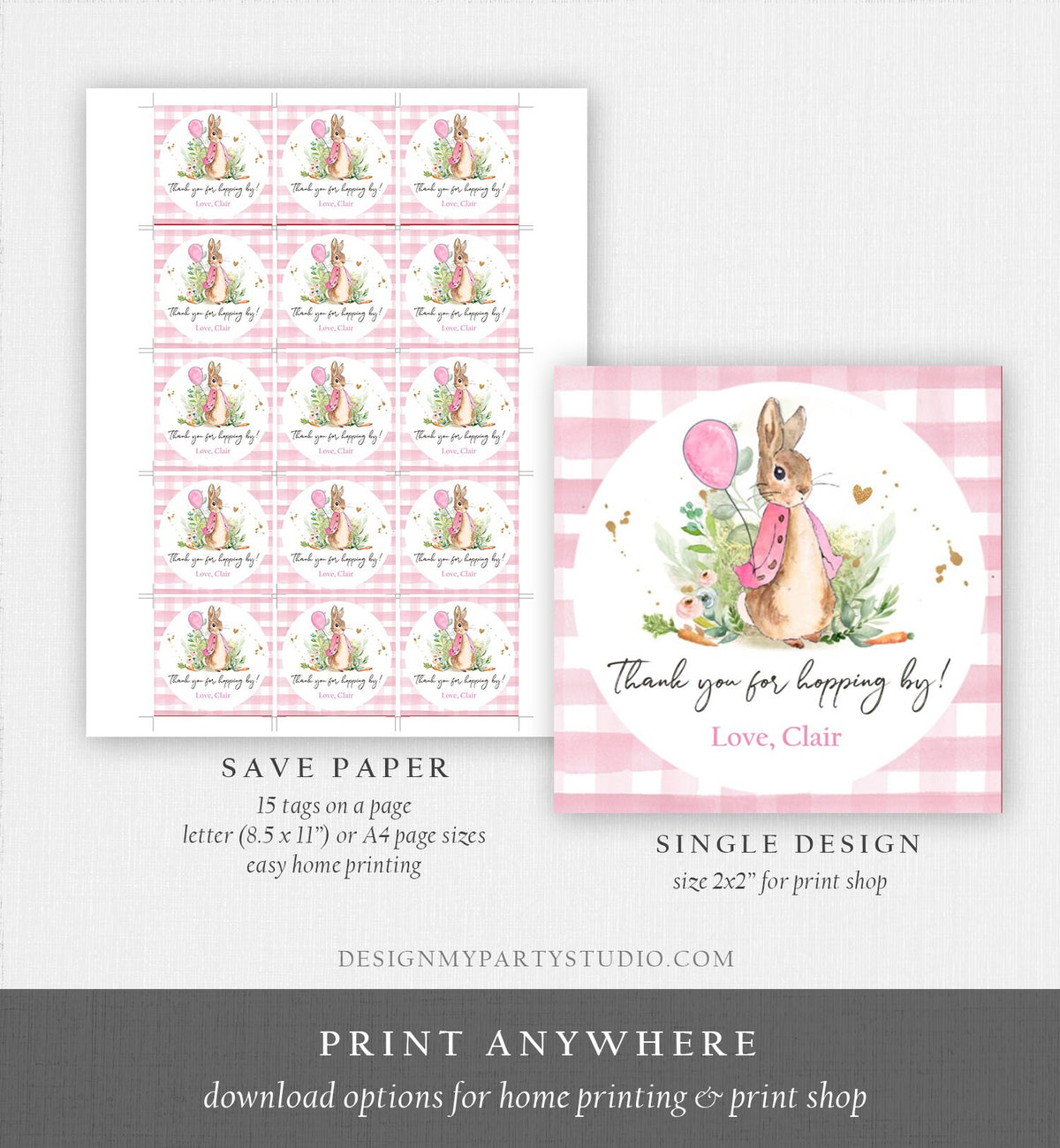 Editable Flopsy Rabbit Favor Tags Bunny Thank You Round Girl Pink Birthday Labels Thanks Hopping By Printable Download Corjl Template 0351