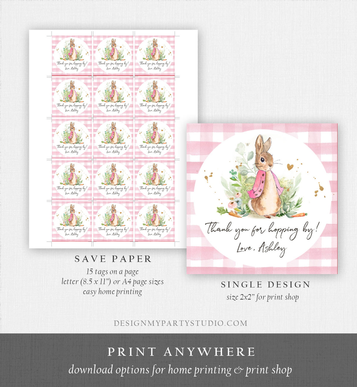 Editable Flopsy Rabbit Favor Tags Bunny Thank You Round Pink Girl Baby Shower Label Thanks Hopping By Printable Download Corjl Template 0351