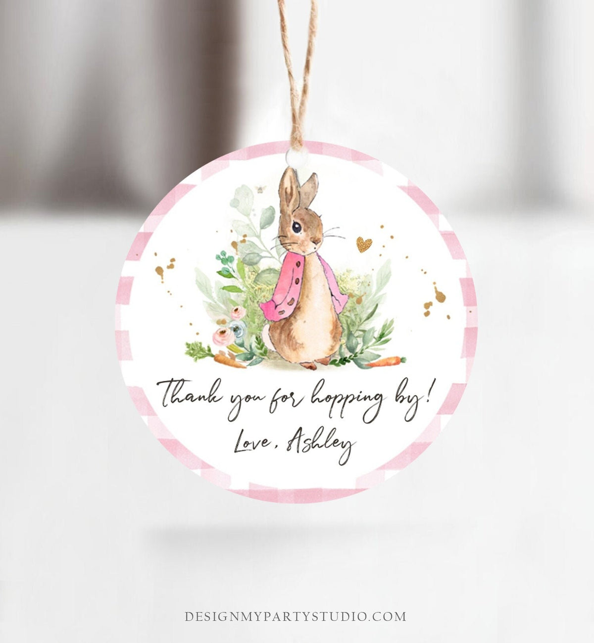 Editable Flopsy Rabbit Favor Tags Bunny Thank You Round Pink Girl Baby Shower Label Thanks Hopping By Printable Download Corjl Template 0351