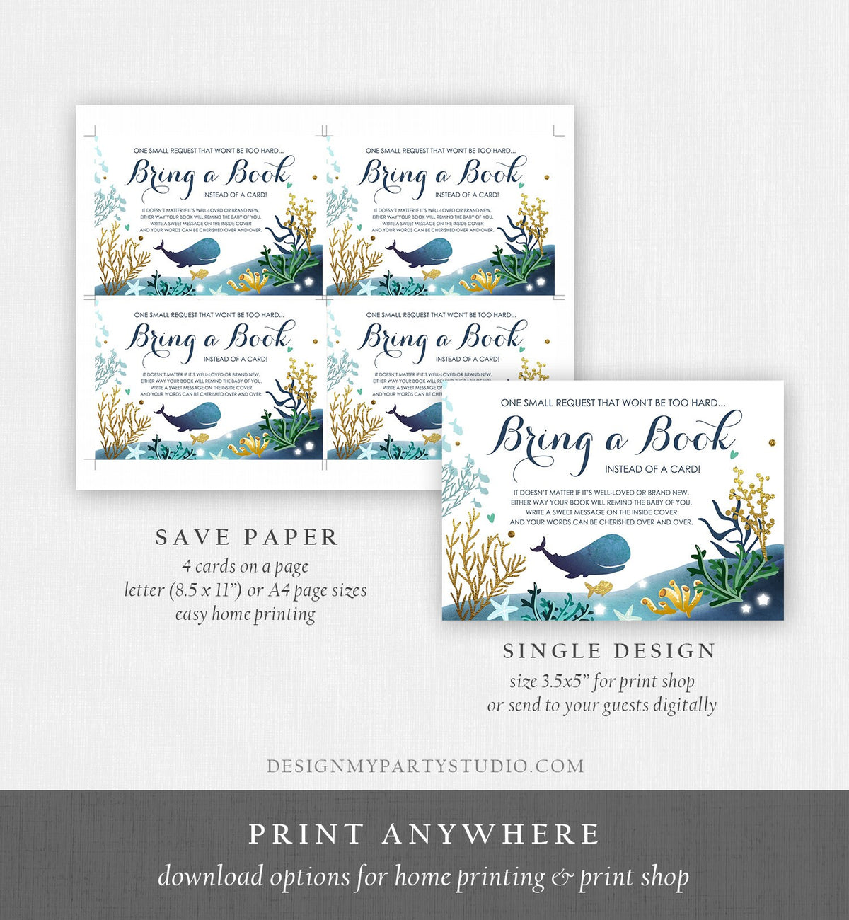 Editable Whale Bring a Book Card Baby Shower Books for Baby Nautical Ocean Watercolor It&#39;s a Boy Blue Whale Corjl Template Printable 0118