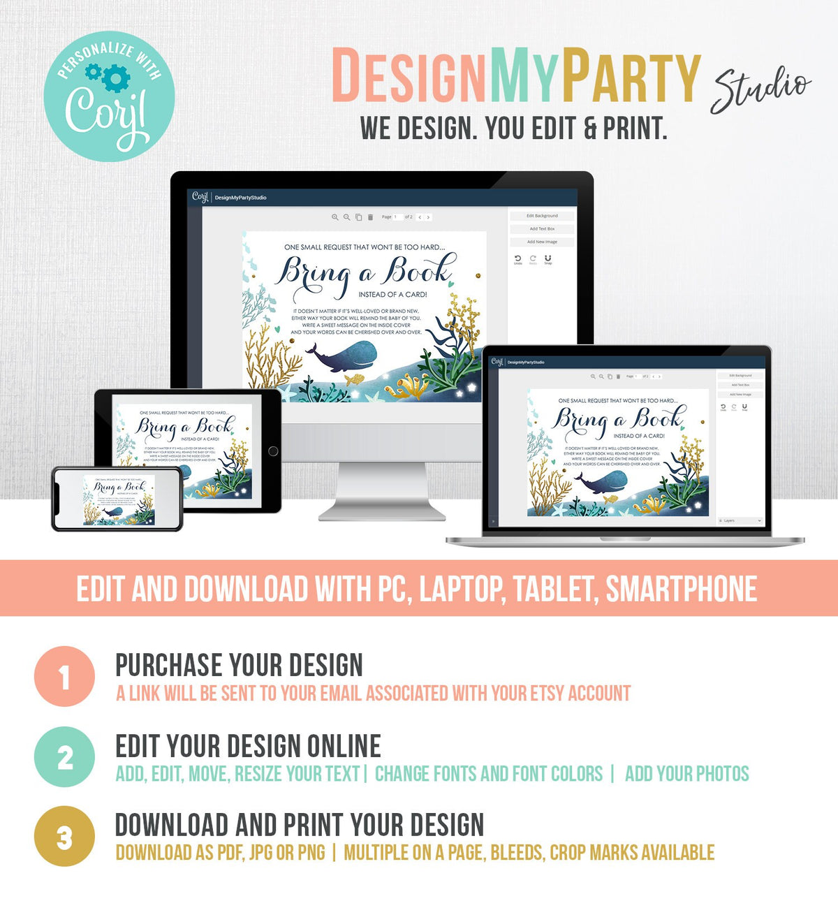 Editable Whale Bring a Book Card Baby Shower Books for Baby Nautical Ocean Watercolor It&#39;s a Boy Blue Whale Corjl Template Printable 0118