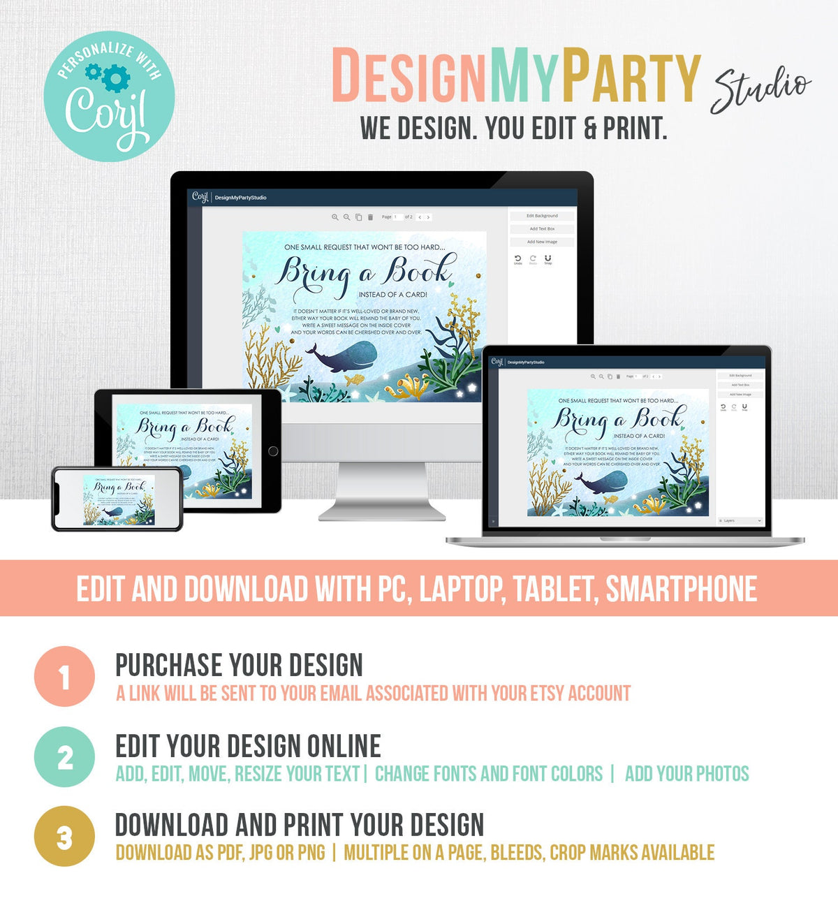 Editable Whale Bring a Book Card Baby Shower Books for Baby Nautical Ocean Watercolor It&#39;s a Boy Blue Whale Corjl Template Printable 0118