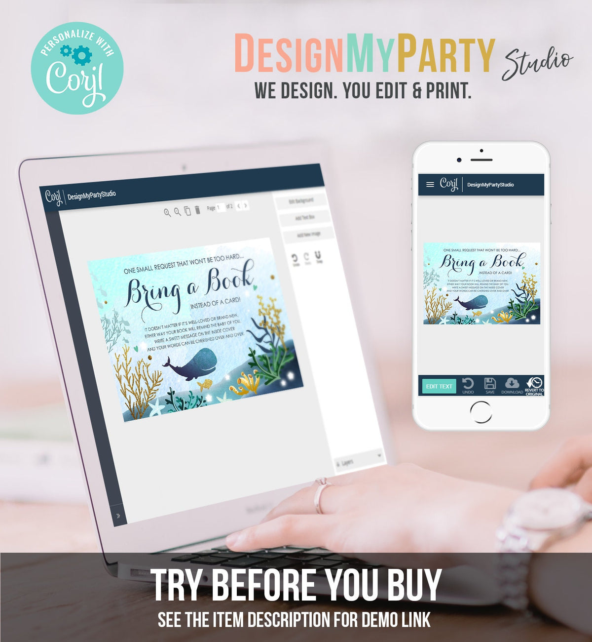 Editable Whale Bring a Book Card Baby Shower Books for Baby Nautical Ocean Watercolor It&#39;s a Boy Blue Whale Corjl Template Printable 0118