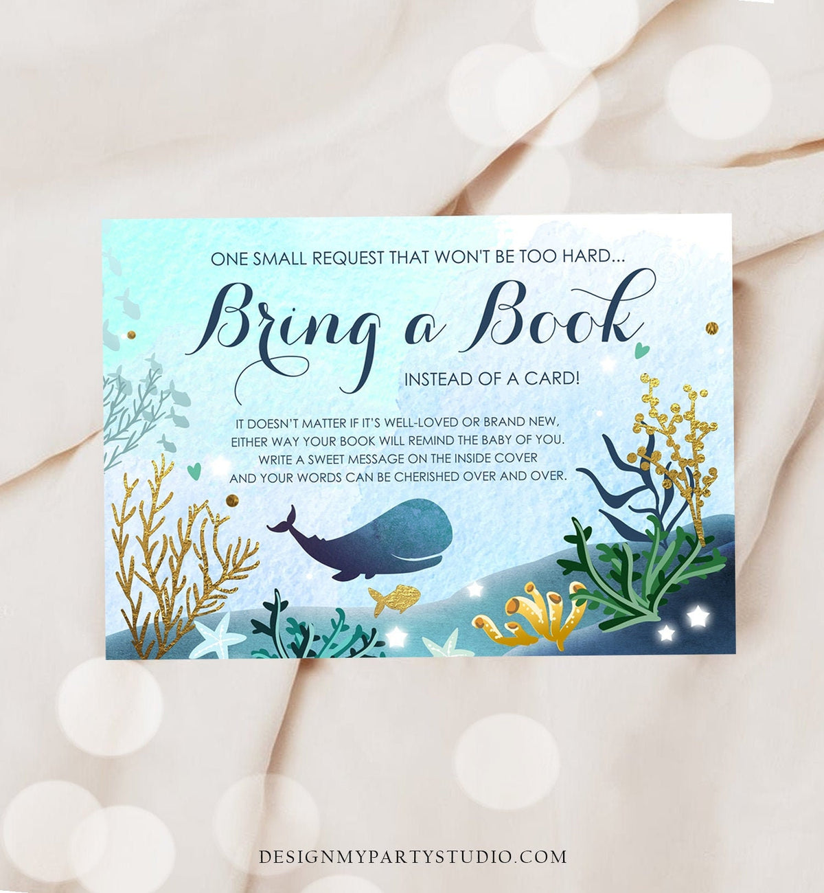 Editable Whale Bring a Book Card Baby Shower Books for Baby Nautical Ocean Watercolor It&#39;s a Boy Blue Whale Corjl Template Printable 0118