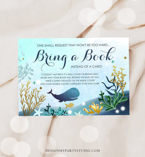 Editable Whale Bring a Book Card Baby Shower Books for Baby Nautical Ocean Watercolor It's a Boy Blue Whale Corjl Template Printable 0118