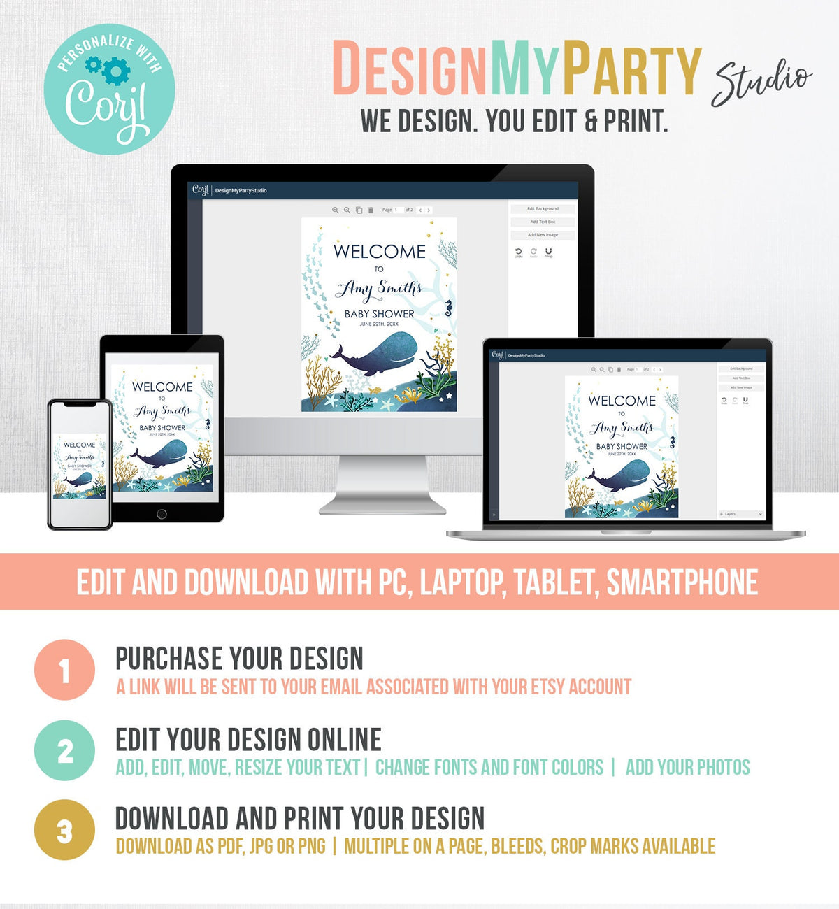 Editable Whale Welcome Sign Baby Shower Birthday Party Nautical Ocean It&#39;s a Boy Blue Whale Under the Sea Corjl Template Printable 0118