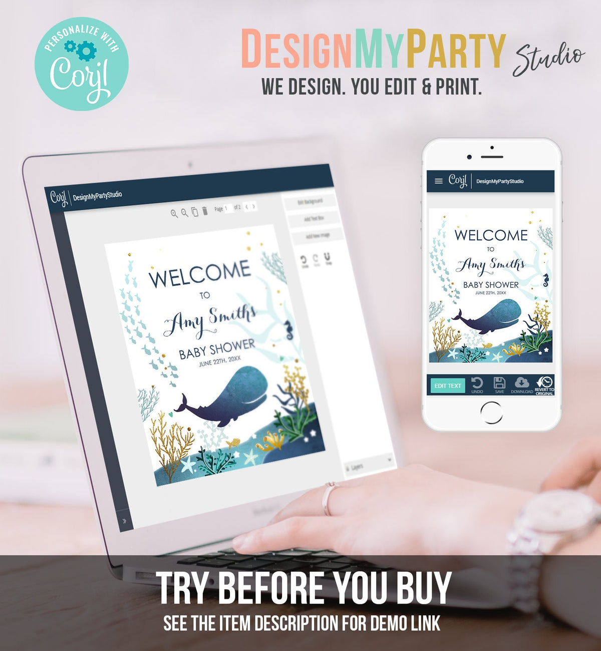 Editable Whale Welcome Sign Baby Shower Birthday Party Nautical Ocean It&#39;s a Boy Blue Whale Under the Sea Corjl Template Printable 0118