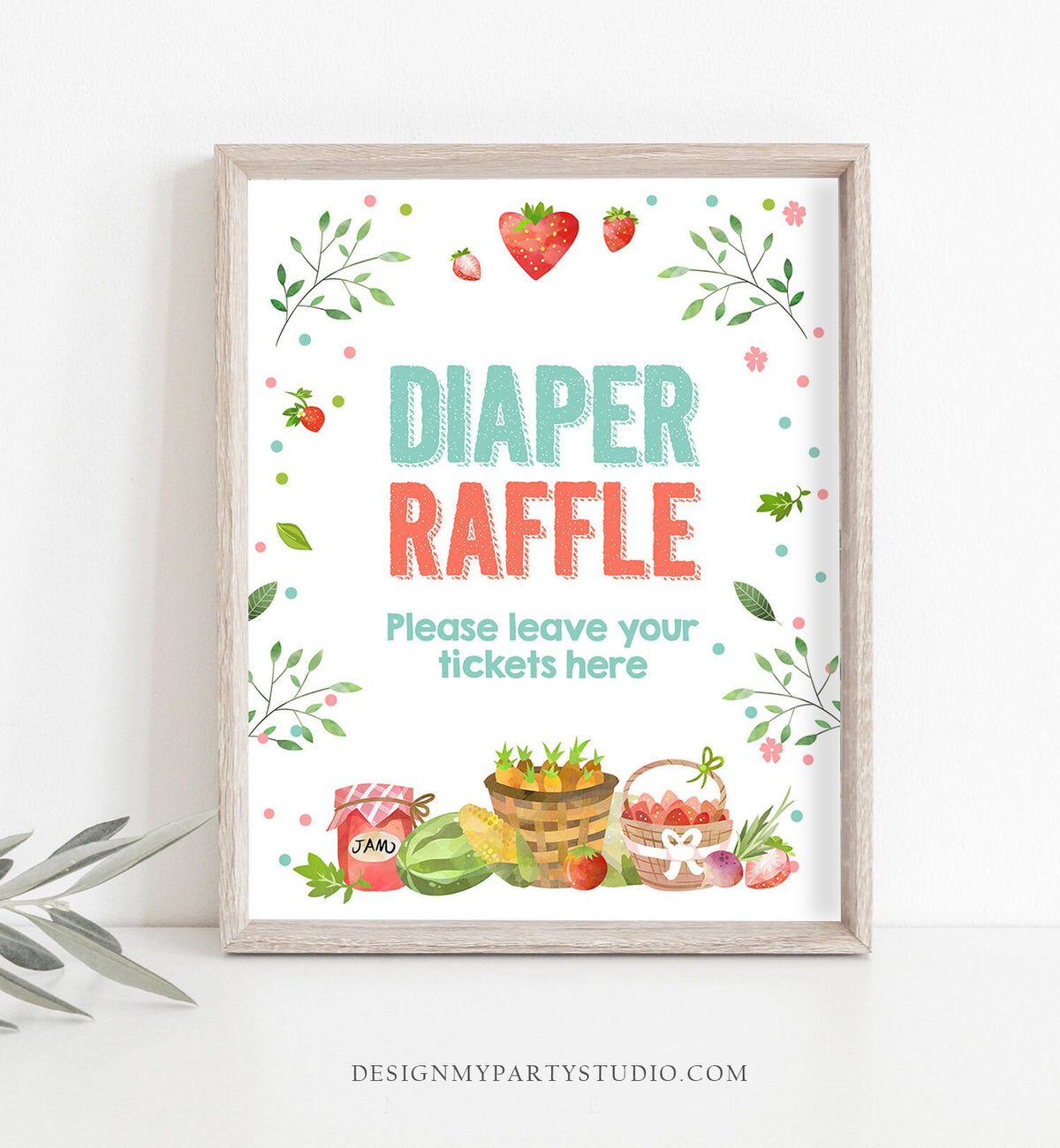 Farmers Market Diaper Raffle Ticket Sign Strawberry Baby Shower Fruit Diaper Ticket Table Sign Gender Neutral Game Digital PRINTABLE 0144