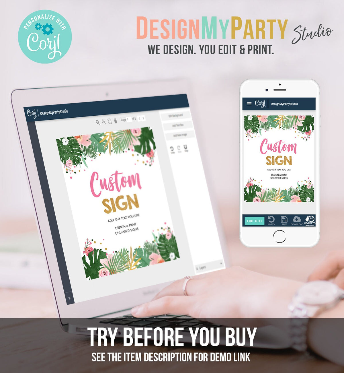 Editable Safari Custom Sign Tropical Birthday Baby Shower Table Sign Decor Leaves Pink Gold Girl Download Corjl Template 8x10 Printable 0332