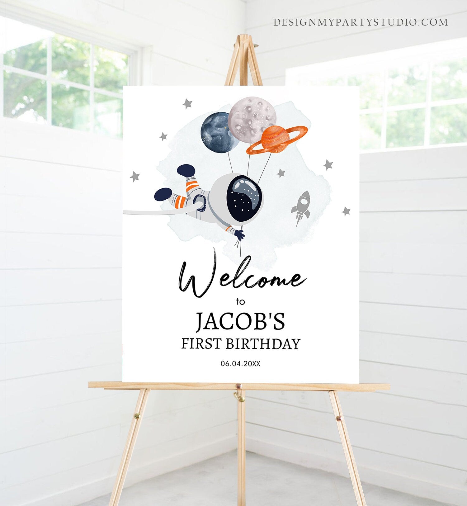 Editable Outer Space Birthday Welcome Sign 1st Birthday Boy Galaxy Planets Trip Around the Sun Astronaut Template PRINTABLE Corjl 0366