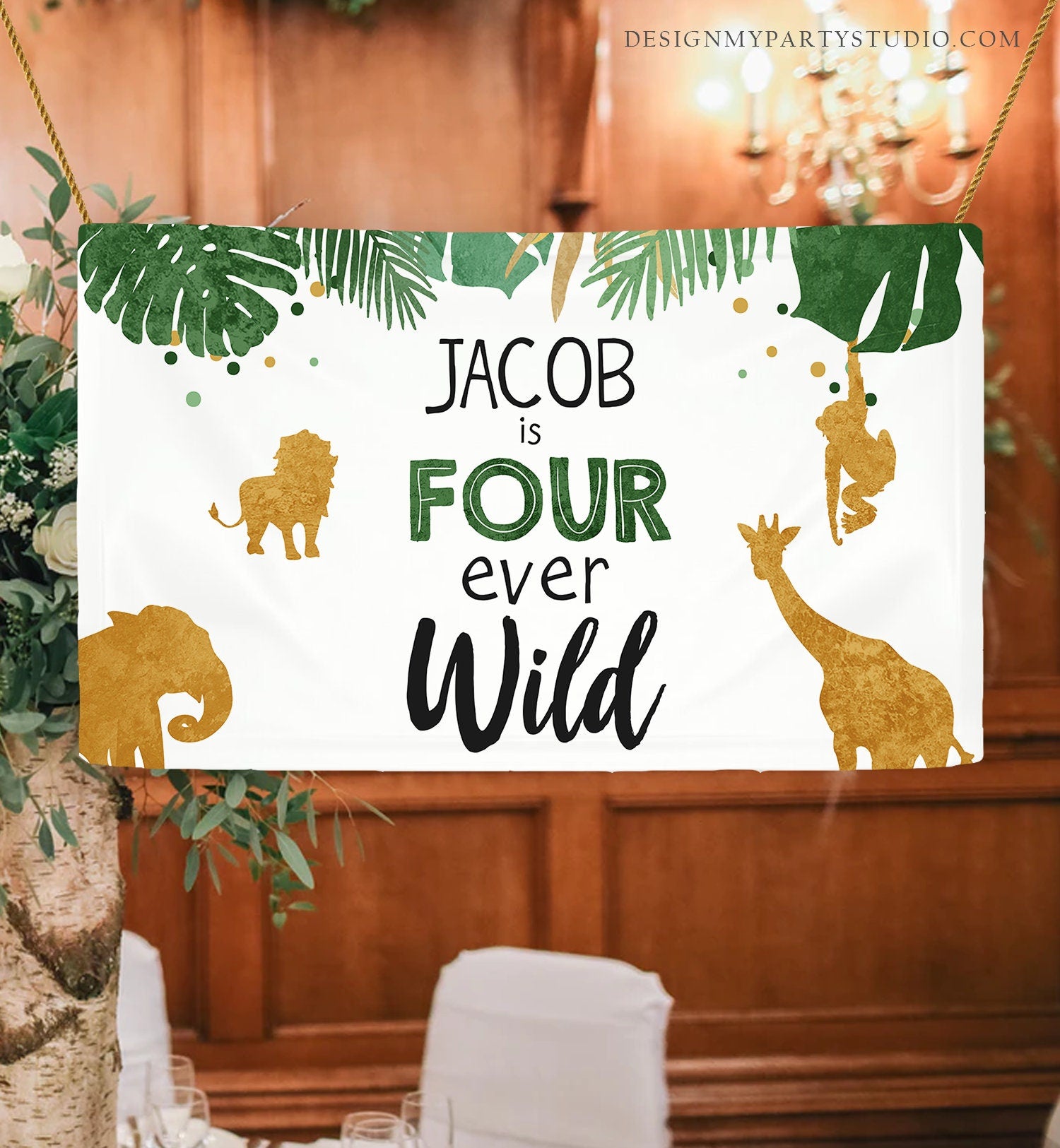 Editable Safari Animals Birthday Backdrop Banner Boy Four Ever Wild 4th Birthday Welcome Sign Green Download Corjl Template Printable 0016